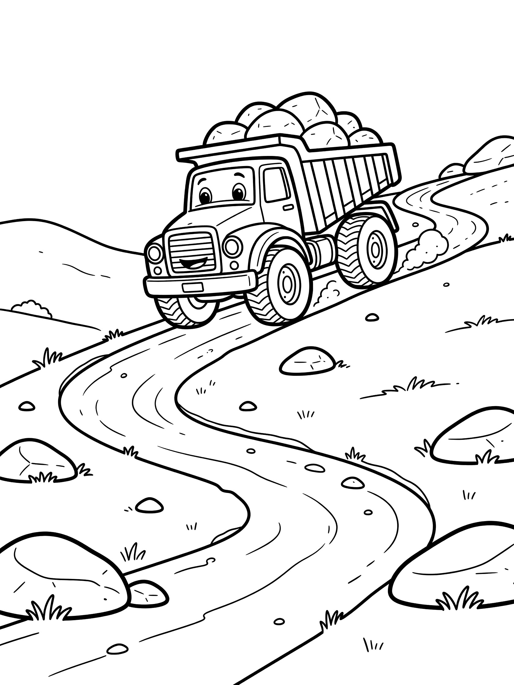 Black and white coloring page of a cheerful dump truck hauling large rounded rocks up a steep winding dirt hill path with big tires and scattered boulders