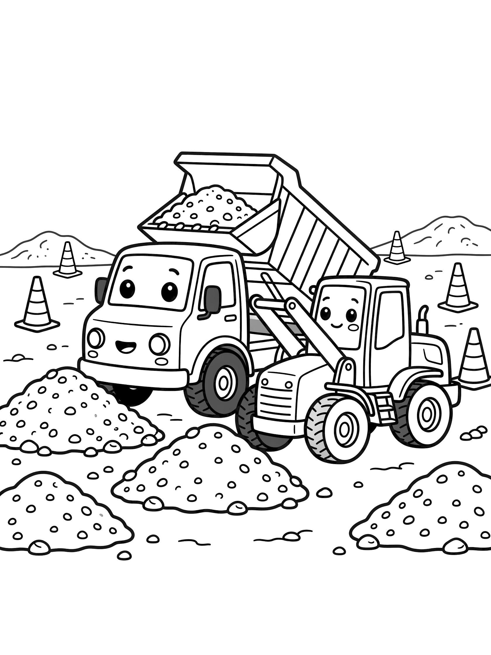 Cute cartoon dump truck with open bed being loaded with gravel scoop from friendly loader, surrounded by gravel piles, rocks, construction cones on dirt ground coloring page