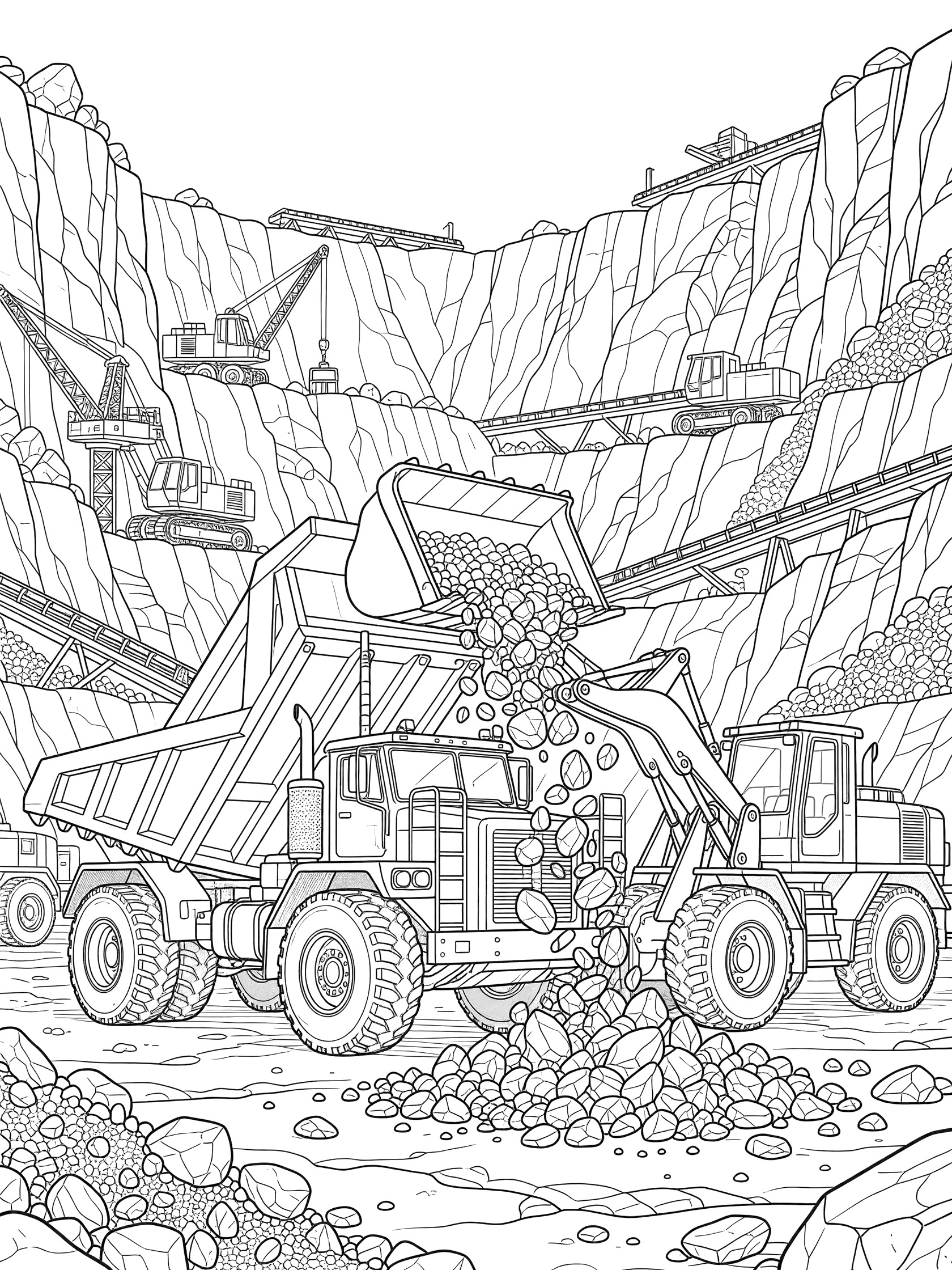 Black and white line art coloring page showing a dump truck being loaded with jagged rocks by a loader in a rocky quarry with cliffs and background machines.