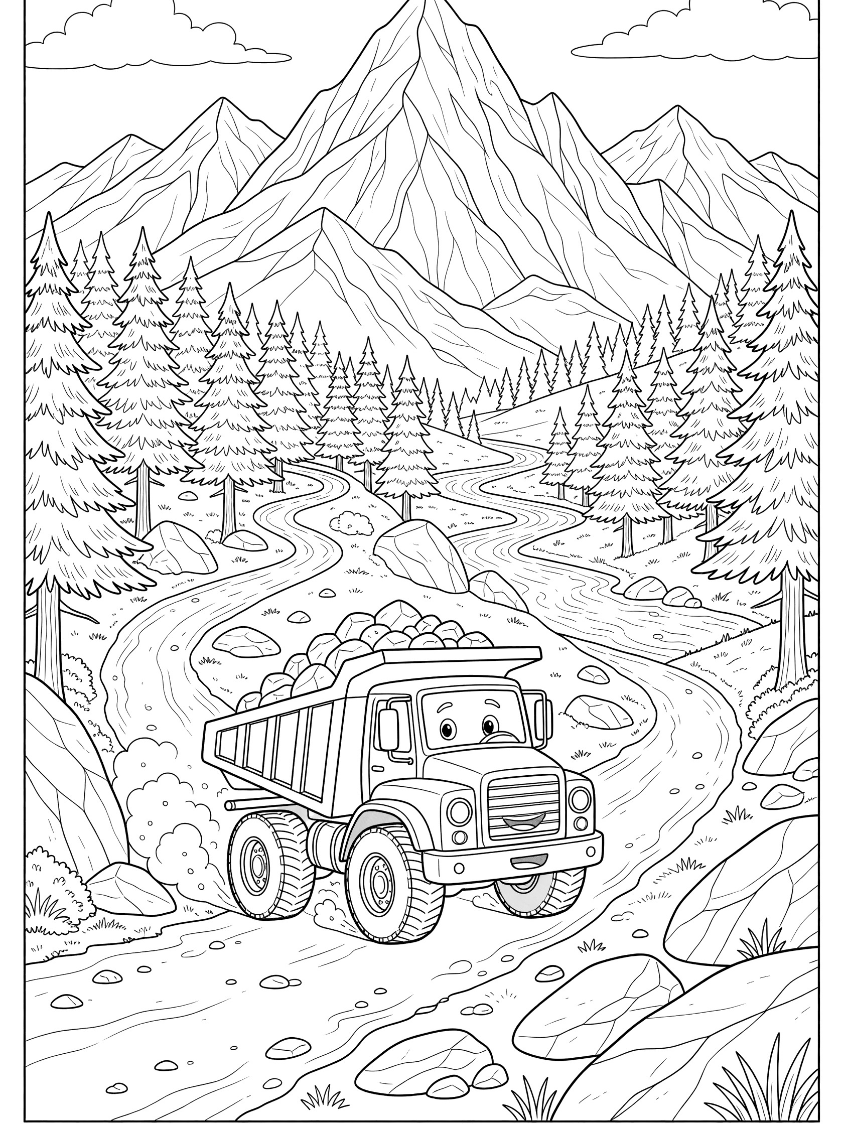 Black and white line art of a happy-faced dump truck loaded with rocks on a curvy dirt path up a tall mountain, surrounded by pine trees, big boulders, winding river below, and fluffy clouds.
