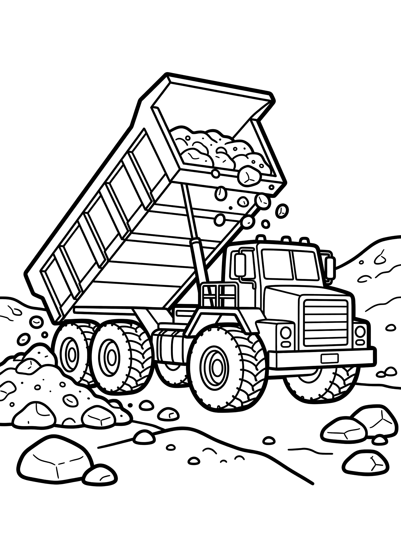 Black and white line art of a large haul truck with raised dump bed spilling rocks onto a pile, showing huge tires, cab, and ladder on construction ground.