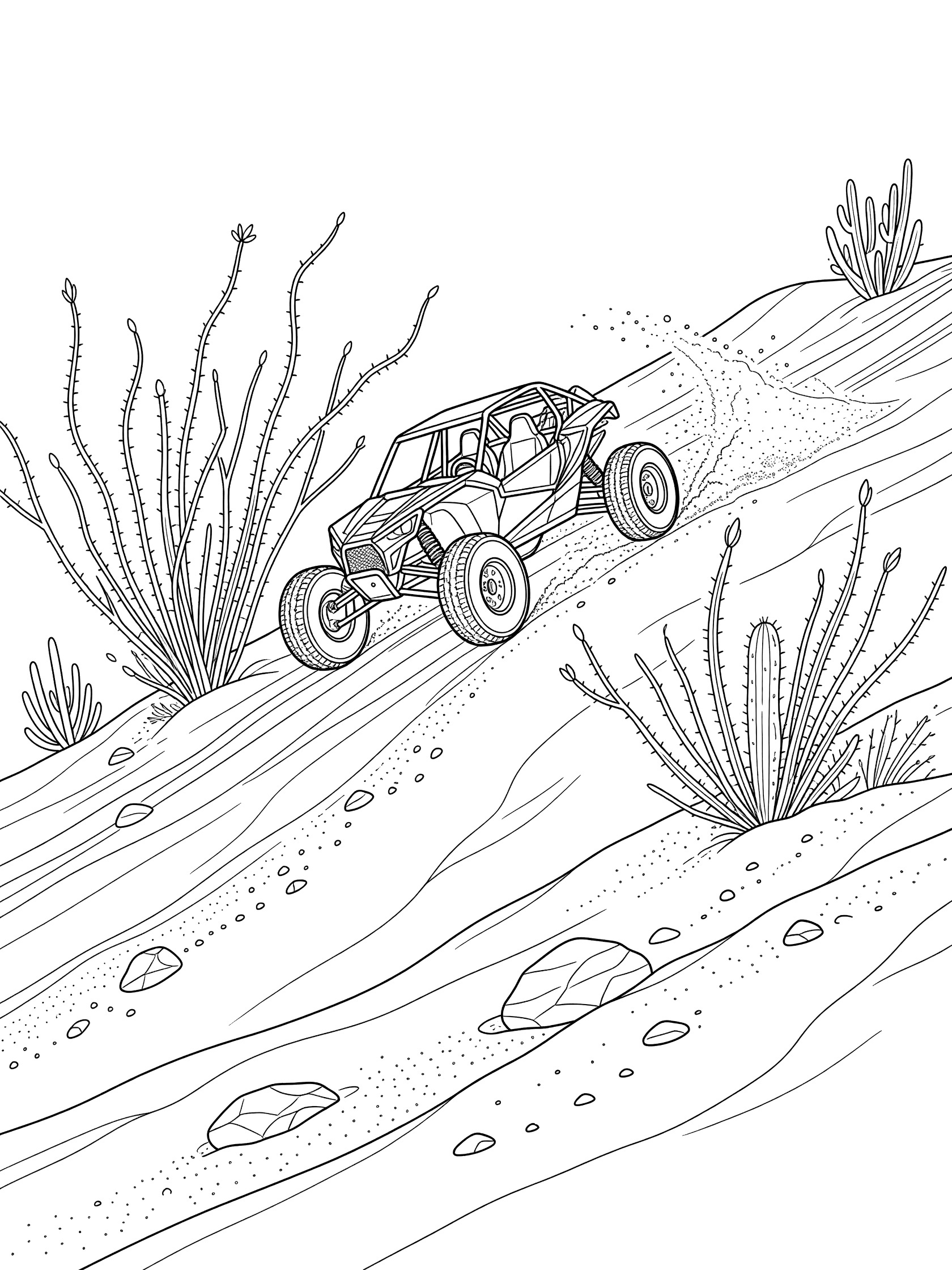 Black-and-white coloring page of a dune buggy powering up a steep sandy hill beside tall ocotillo cactus with spiky branches.