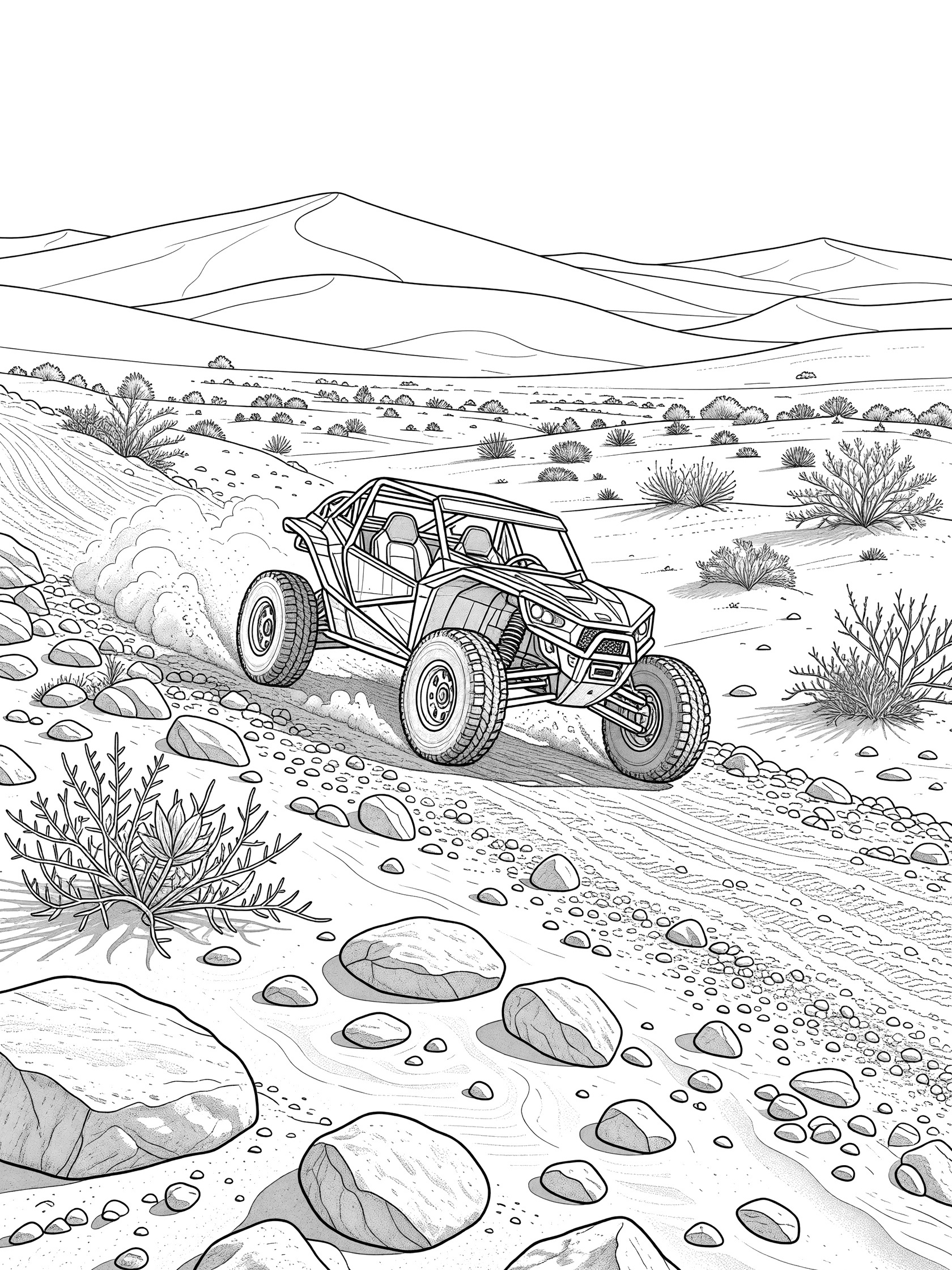 Black-and-white coloring page of a dune buggy climbing a rugged rocky desert hill with big tires on stones, sandy path, distant dunes, and sparse plants.