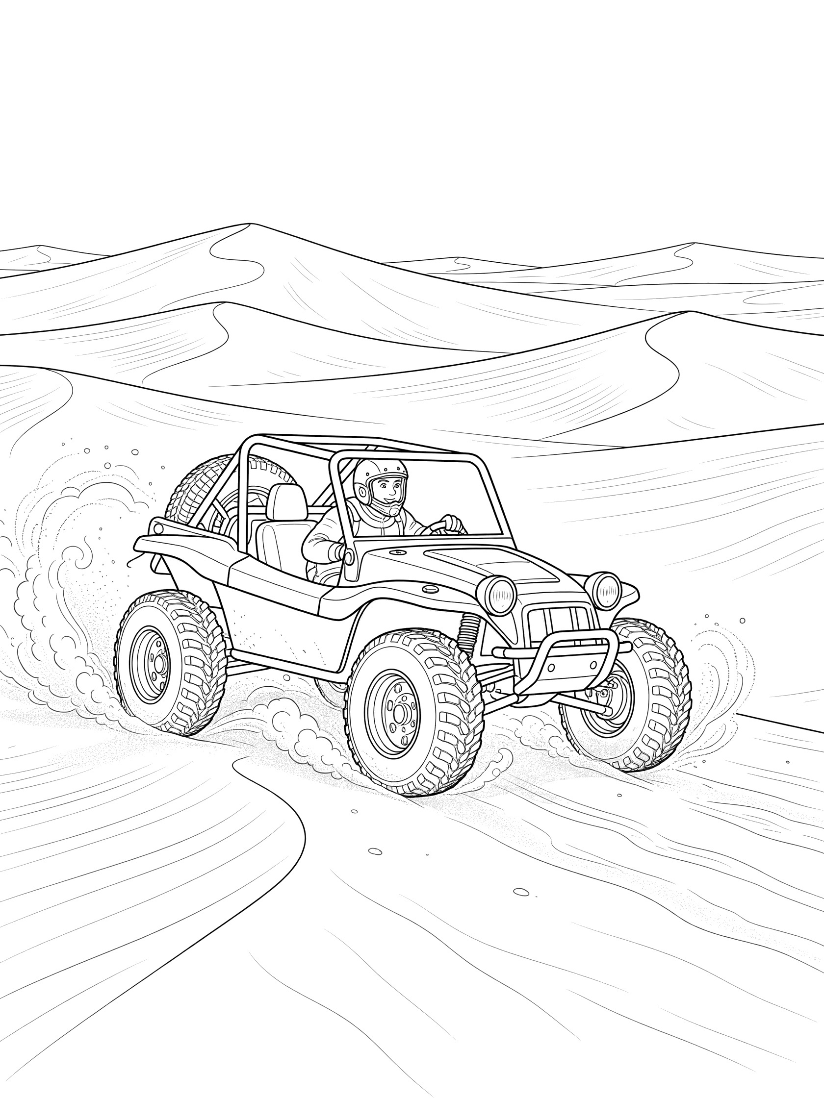 Line art coloring page showing a rugged dune buggy tilting up a steep sandy hill with knobby tires kicking up sand, helmeted driver, roll cage, and desert dunes.