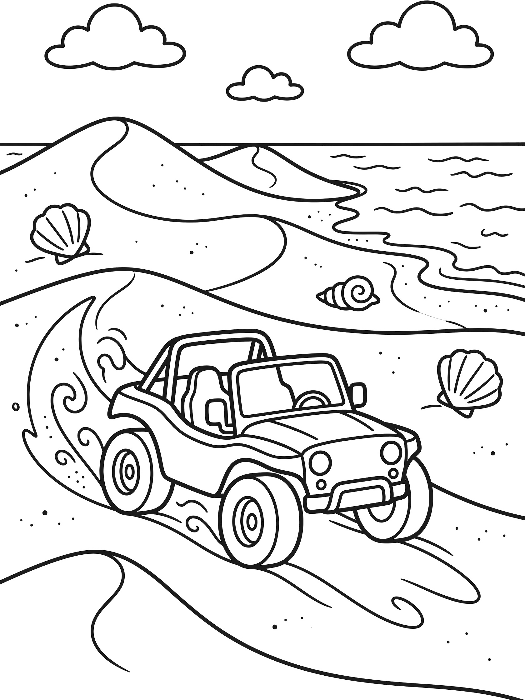 Black and white line art of a dune buggy exploring beach dunes with knobby tires, sand swirls, wavy ocean, seashells and puffy clouds.