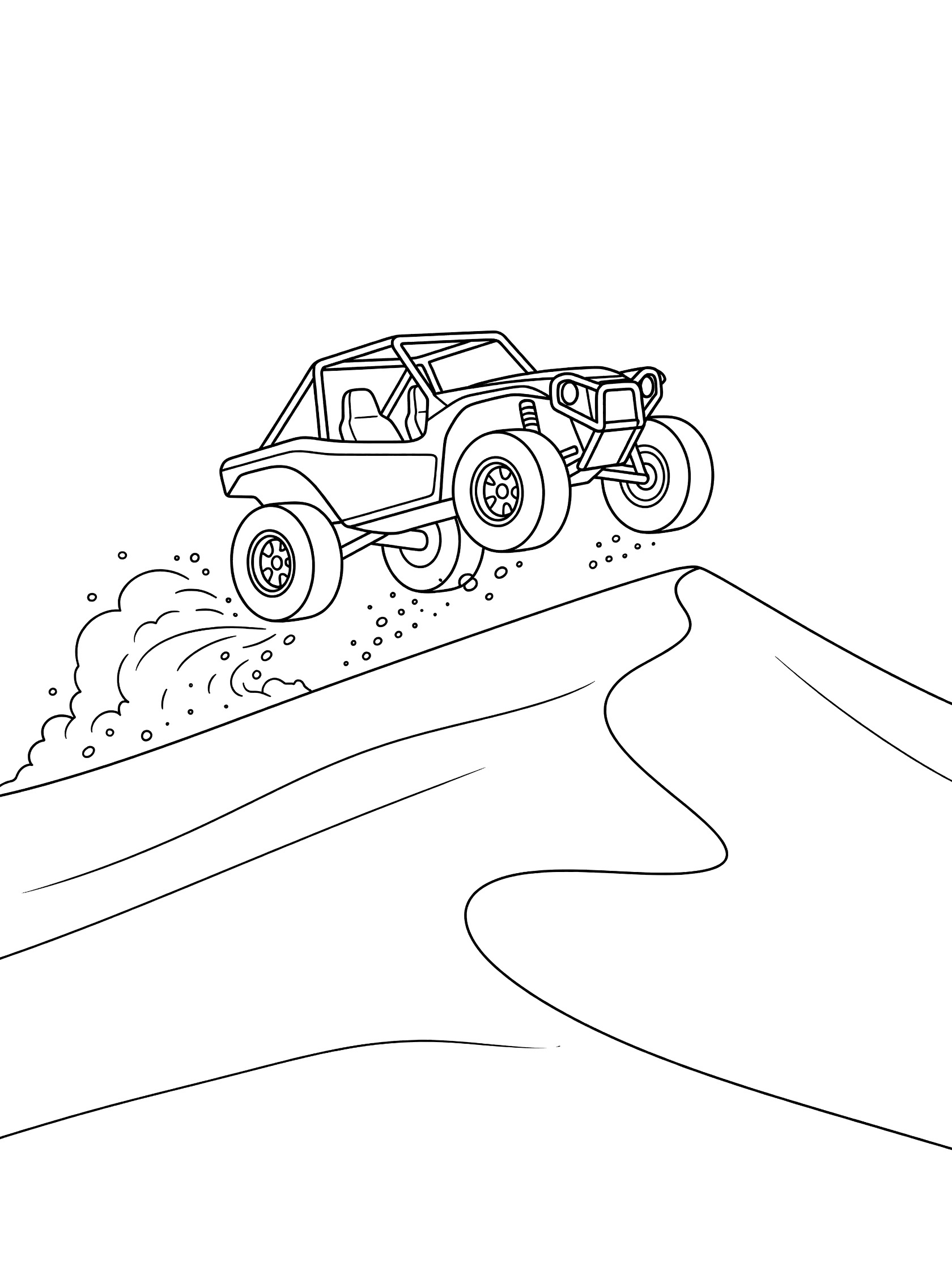 Black and white line art coloring page showing a dune buggy in mid-air jumping over a tall curved sand dune, with big wheels, sturdy frame, and trailing sand particles. Dune Buggies themed black and white printable line art