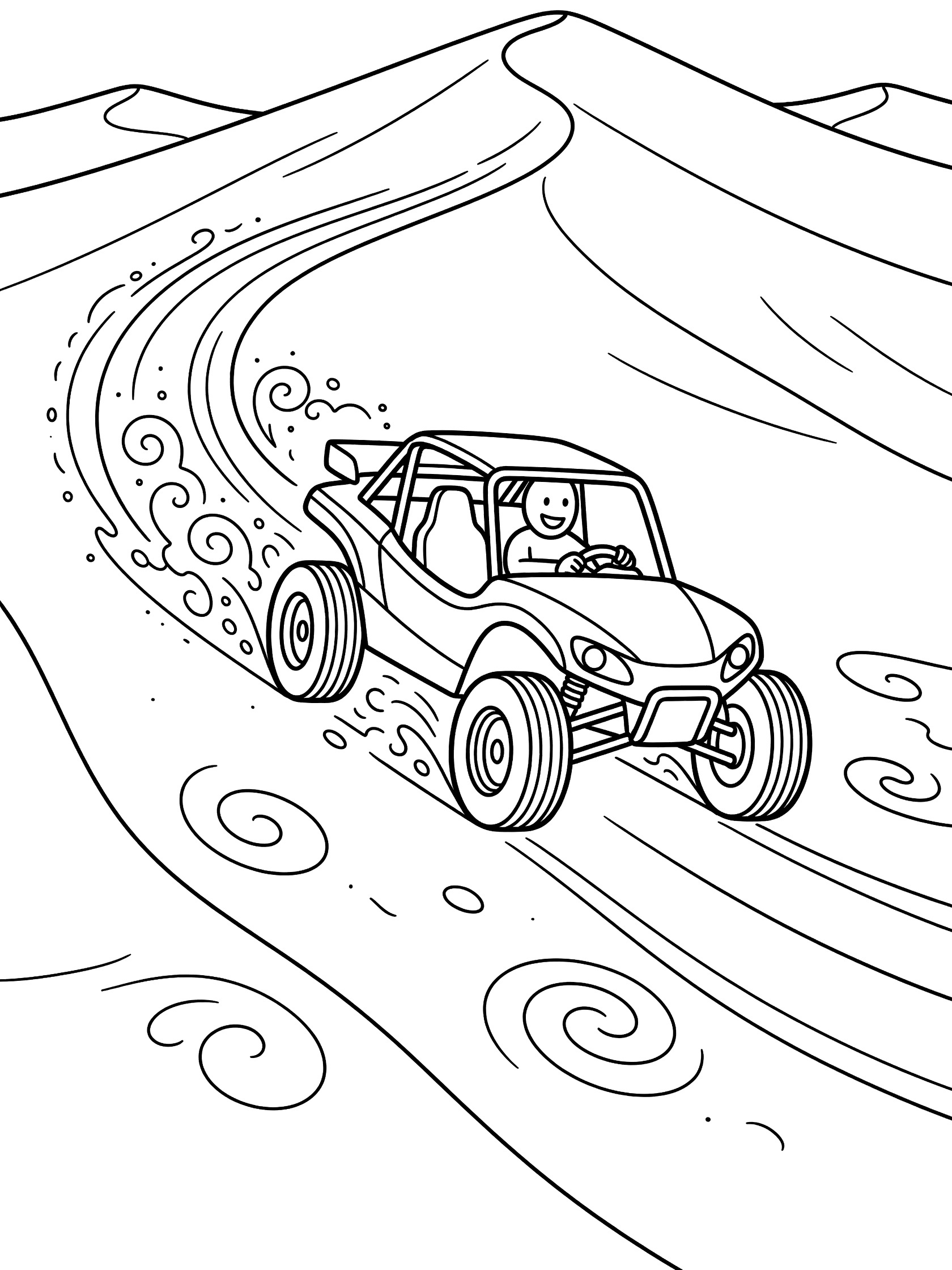 Line art coloring page showing a dune buggy tilting forward as it races down a steep sandy slope with tire tracks and swirling sand in the desert.