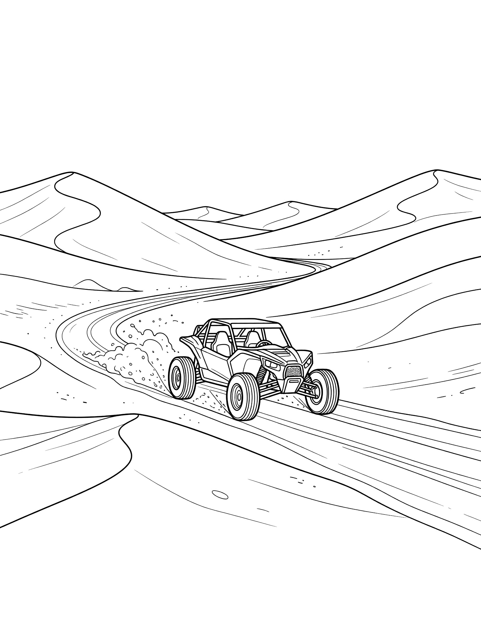 Black and white line art of a dune buggy speeding on a sandy path through a wide desert valley flanked by high sand dunes, with sand spraying from spinning wheels.