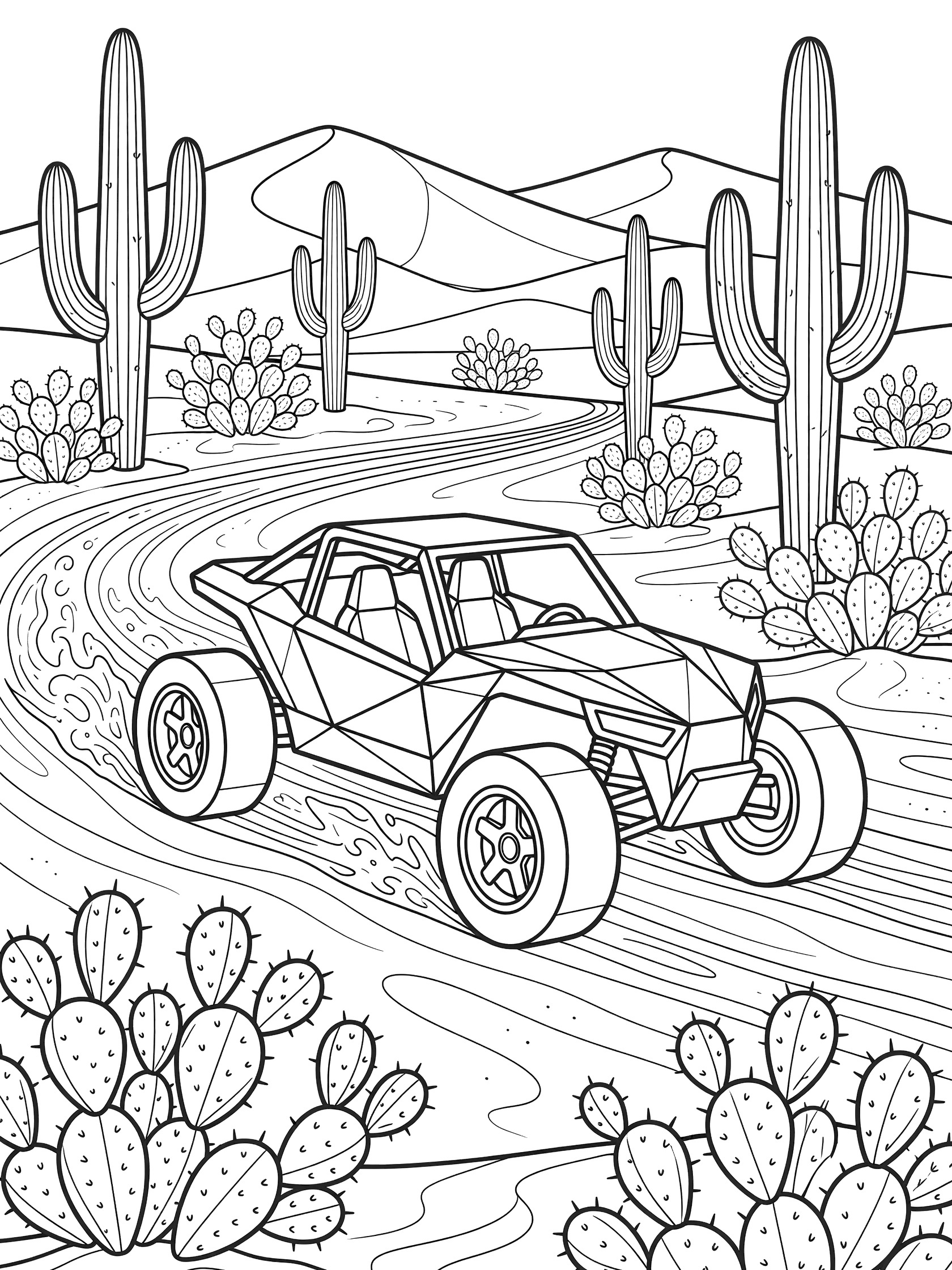 Black and white coloring page of a geometric dune buggy with big wheels driving on a desert trail surrounded by saguaro cacti, prickly pear bushes, and rippled sand dunes.