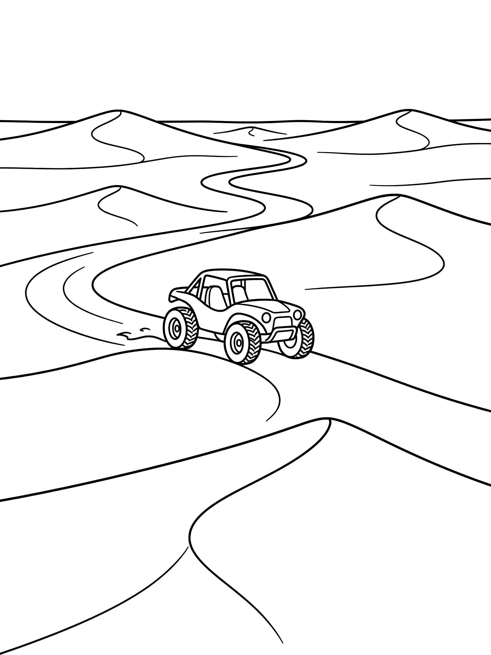 Black-and-white coloring page of a dune buggy driving on a curvy path through medium-sized twisty sand dunes with a simple horizon.