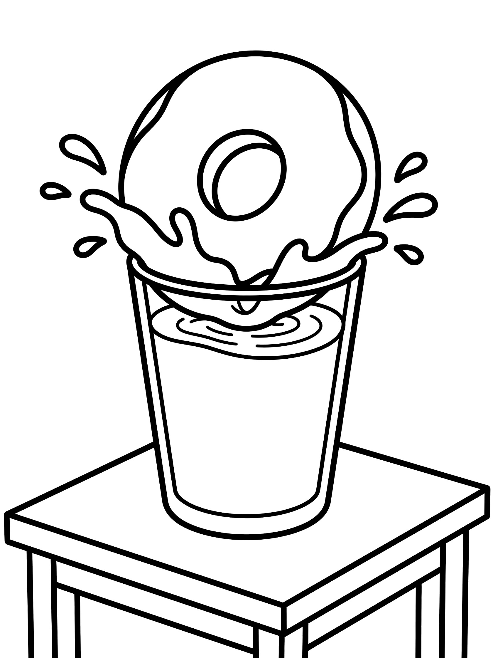 Line art coloring page showing a large donut dipping into a glass of milk with ripples and splashes on a simple table