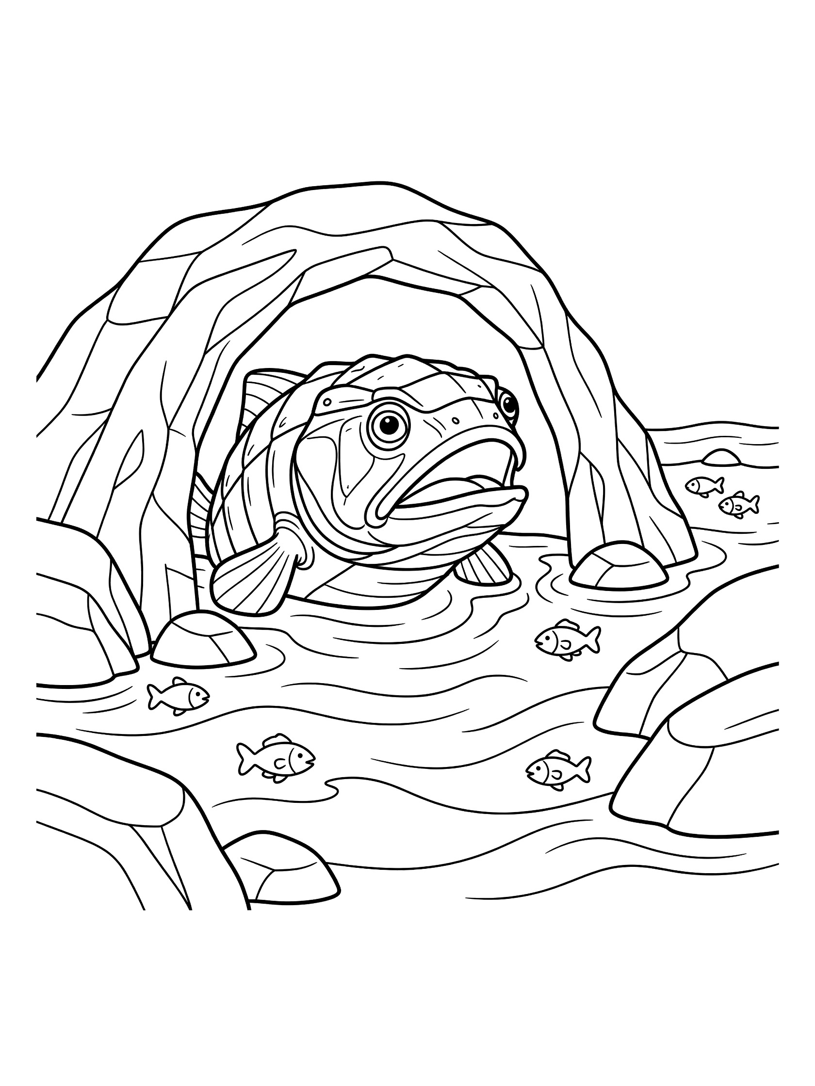 Black and white coloring page of a large striped Dunkleosteus fish with wide eyes and open jaws emerging from a rocky cave entrance, surrounded by gentle waves, rocks, and small striped fish.