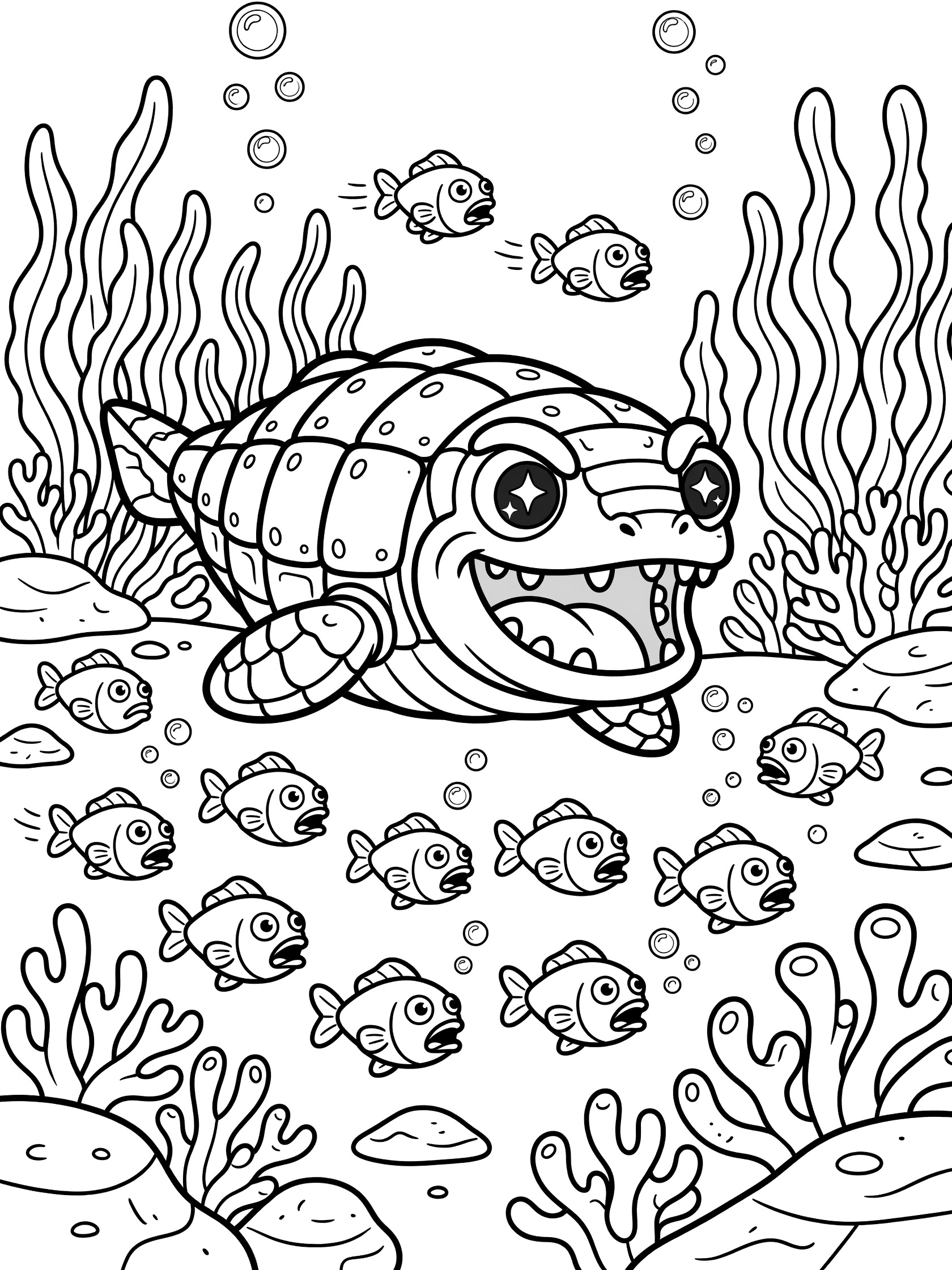 Black and white coloring page showing a cute Dunkleosteus with sparkling eyes, armored body, and wide jaws hunting a school of small fish in an underwater scene with seaweed, rocks, and bubbles.