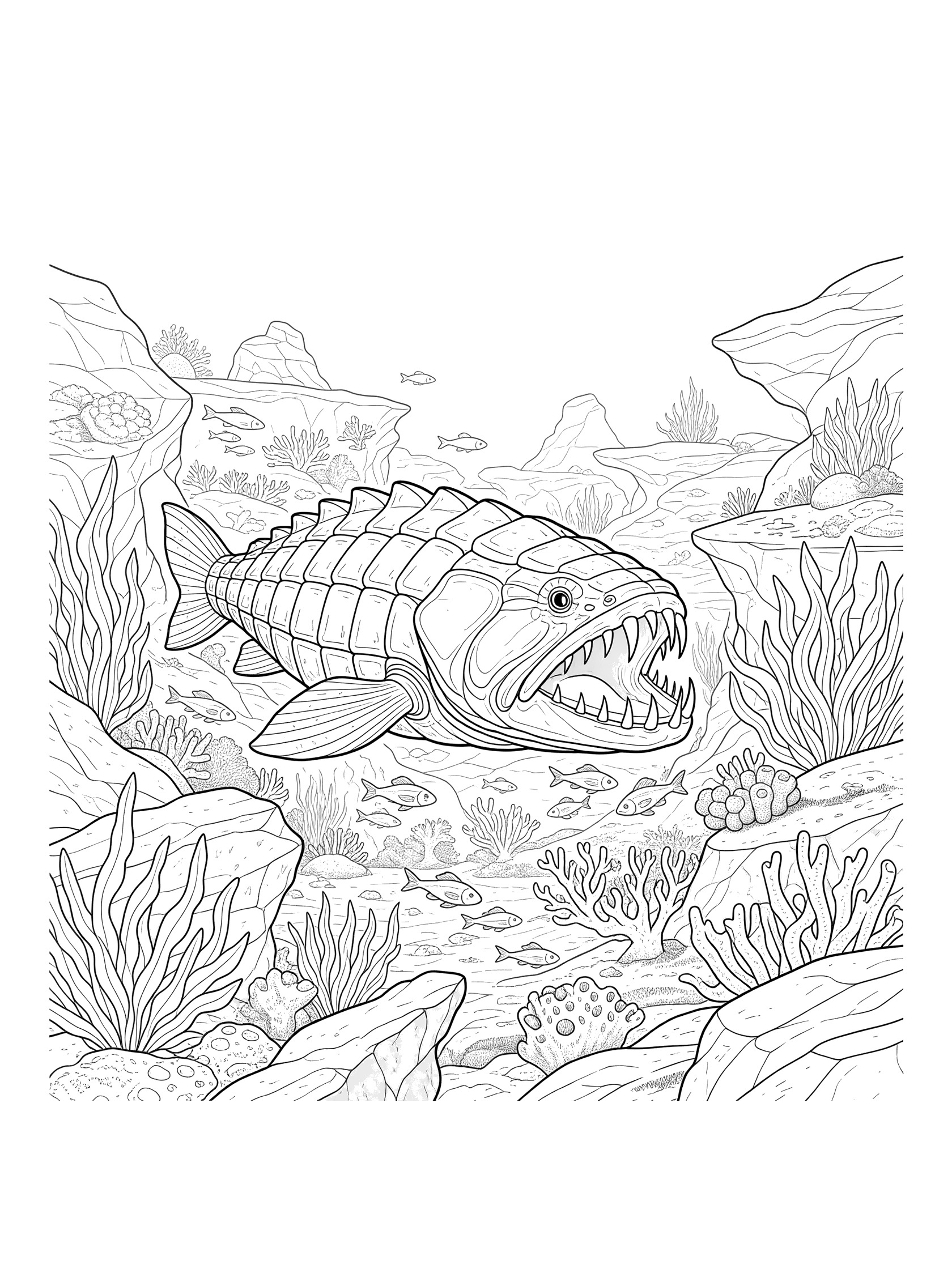 Black-and-white coloring page of Dunkleosteus prehistoric fish swimming near jagged sea floor rocks, surrounded by swaying seaweed, small fish, and corals.