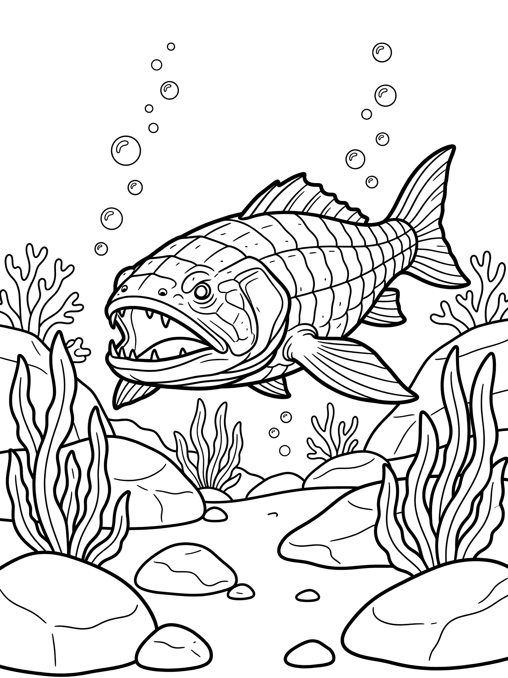 Black and white line art coloring page showing a Dunkleosteus fish swimming forward with open jaws, past seaweed, rocks, and bubbles in an underwater scene.