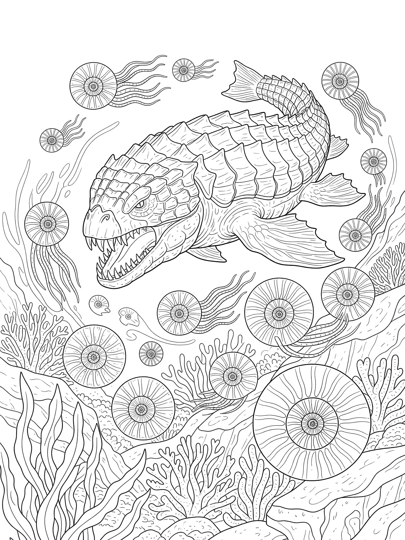 Black and white coloring page of a large Dunkleosteus fish charging through a school of spiral ammonites, seaweed, and deep sea corals.