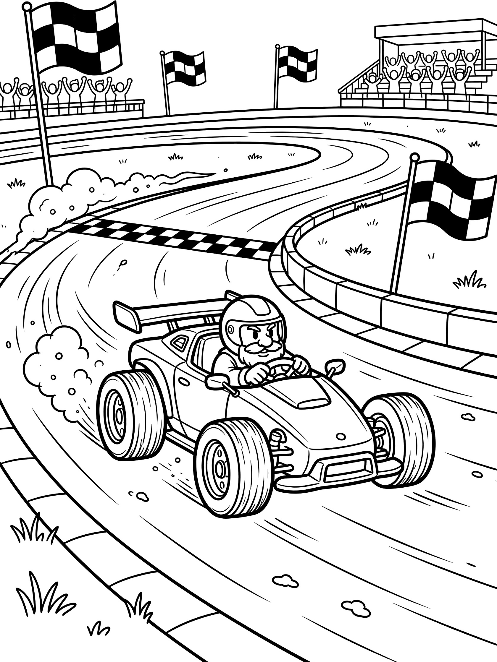 Black and white line art of a dwarf car with oversized tires and spoiler crossing checkered finish line on curving dirt racetrack, driver in helmet, motion dust, flags and grandstands.