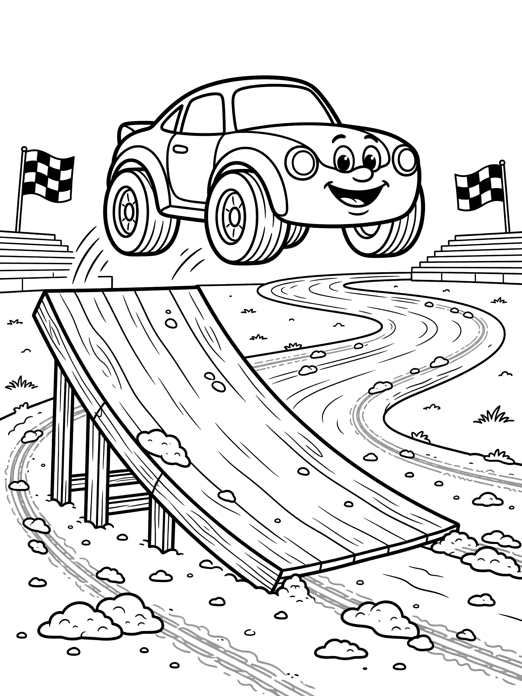 Black and white line art of a cheerful dwarf car soaring mid-air over a steep wooden ramp on a winding dirt track with tire tracks, dirt clods, checkered flags, and bleachers.