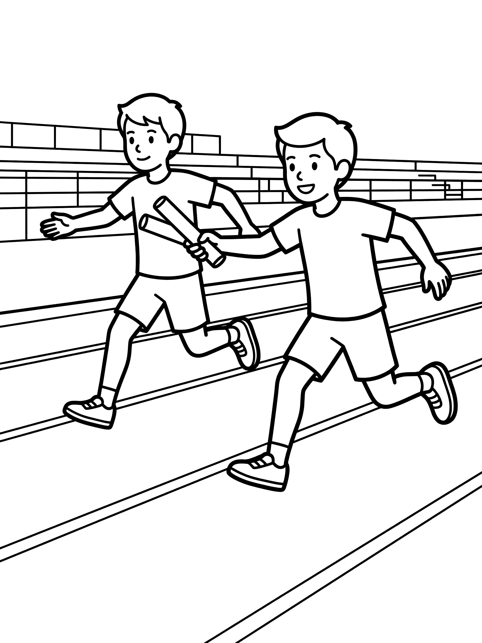 Black and white line art of two kids in shorts and t-shirts passing a baton during a relay race on a track with lane lines and stadium stands.