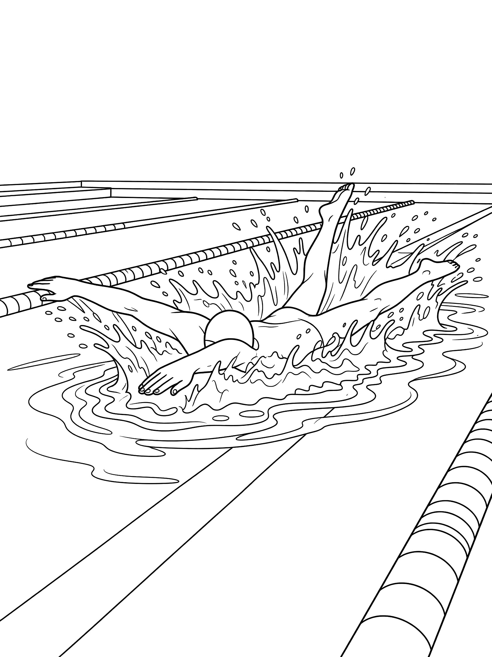 Black and white coloring page showing a swimmer in breaststroke kick position racing in a pool with splashing water and lane ropes.