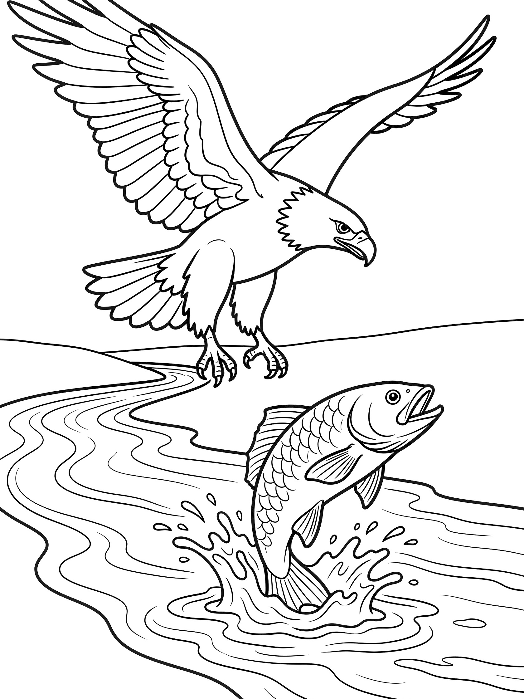 Black and white line art coloring page showing an eagle with wings spread diving toward a fish jumping out of a wavy river with water splashes.