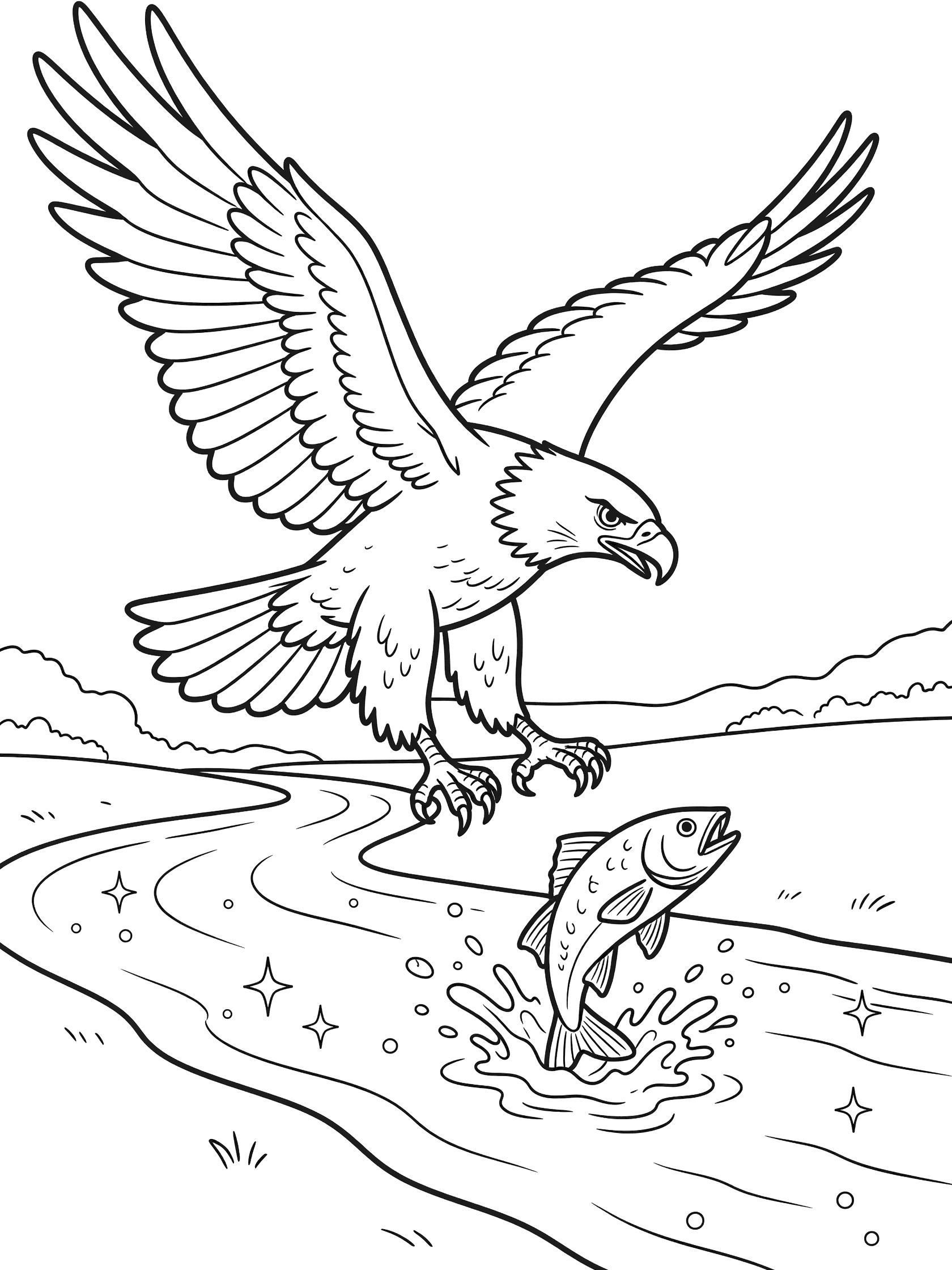 Black and white coloring page of a large eagle with spread wings diving toward a river, talons grabbing a jumping fish with water splashes, simple bushes along the bank. Golden Eagle themed black and white printable line art