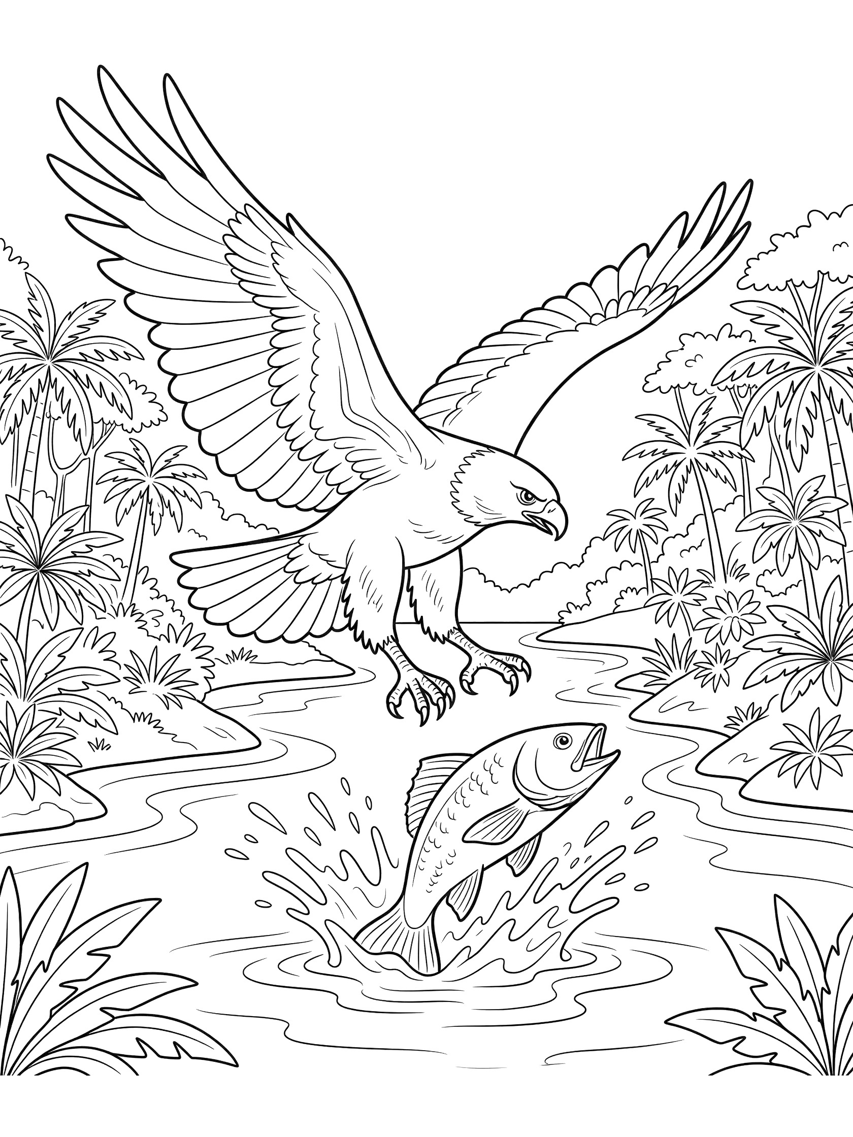 Black and white line art coloring page showing a large eagle flying over a river, talons extended toward a fish jumping out of the water with splashes, surrounded by jungle plants and trees. Harpy Eagle themed black and white printable line art