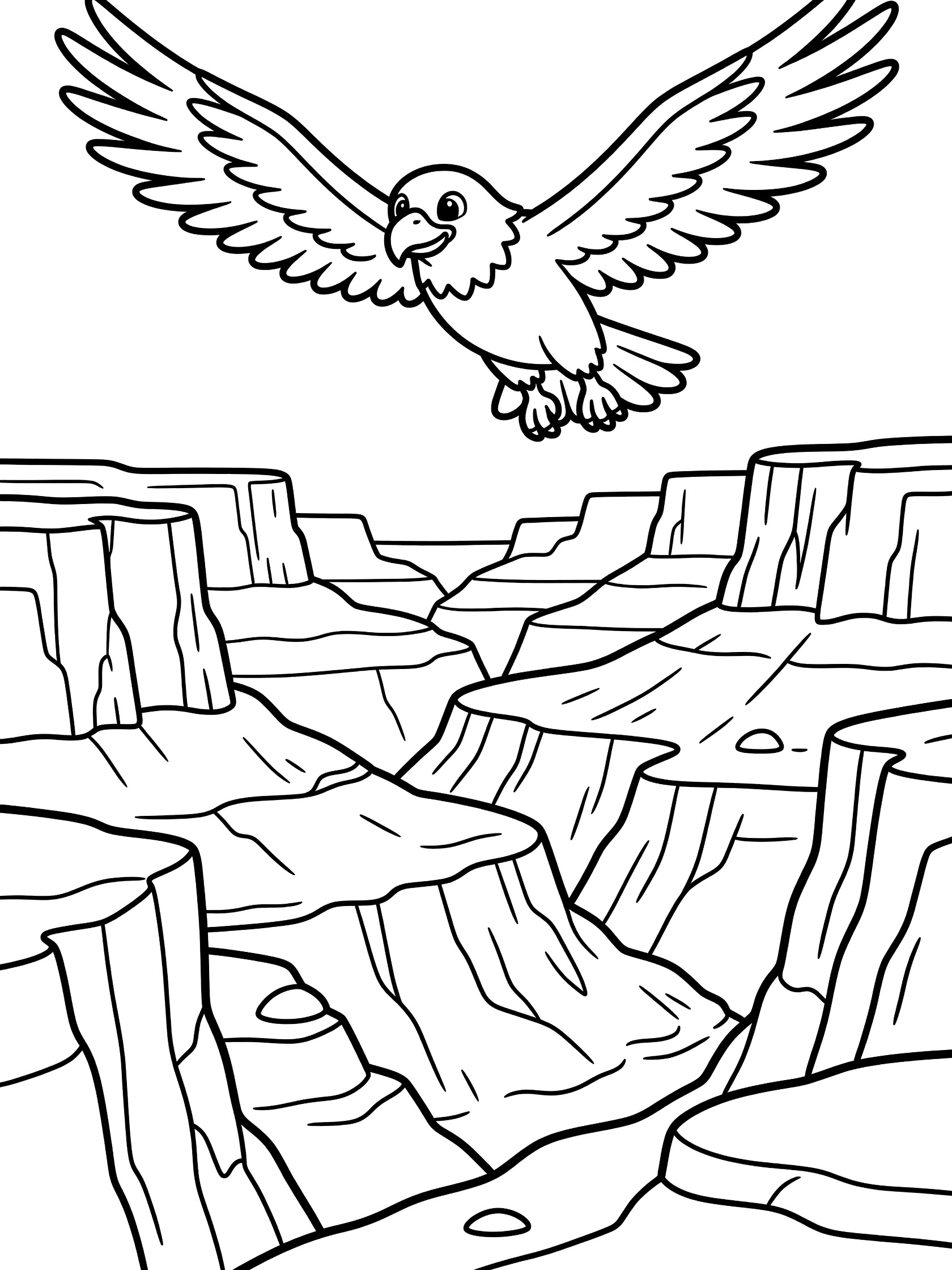 Black and white line art coloring page showing a cartoon eagle with spread wings soaring over a rugged canyon landscape. Glen Canyon themed black and white printable line art