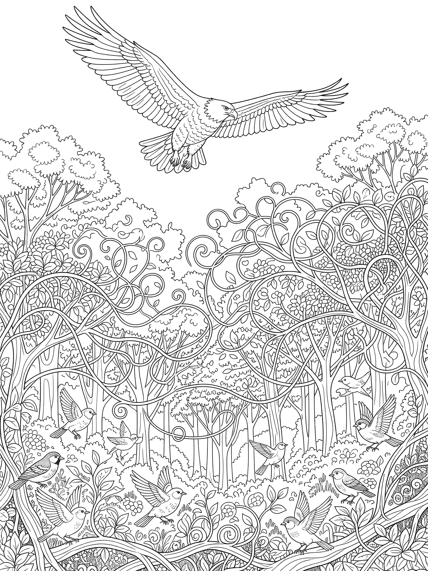 Black and white line art coloring page showing a large eagle with spread wings flying above dense forest trees, swirling vines, and small birds on branches.