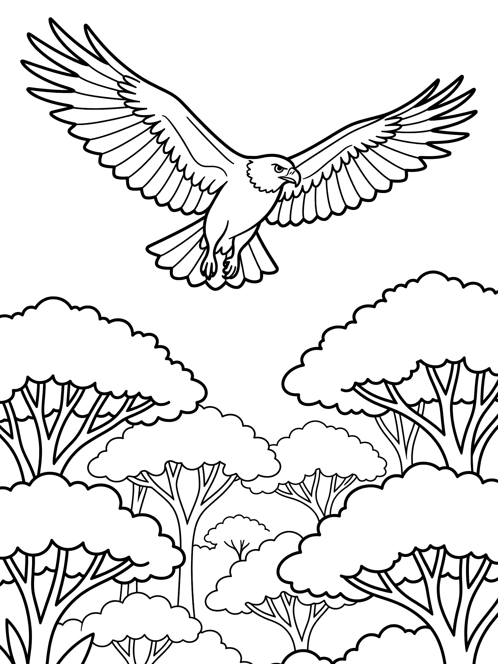 Black and white line art coloring page showing a large eagle with spread wings gliding above tree tops in a forest canopy. Harpy Eagle themed black and white printable line art