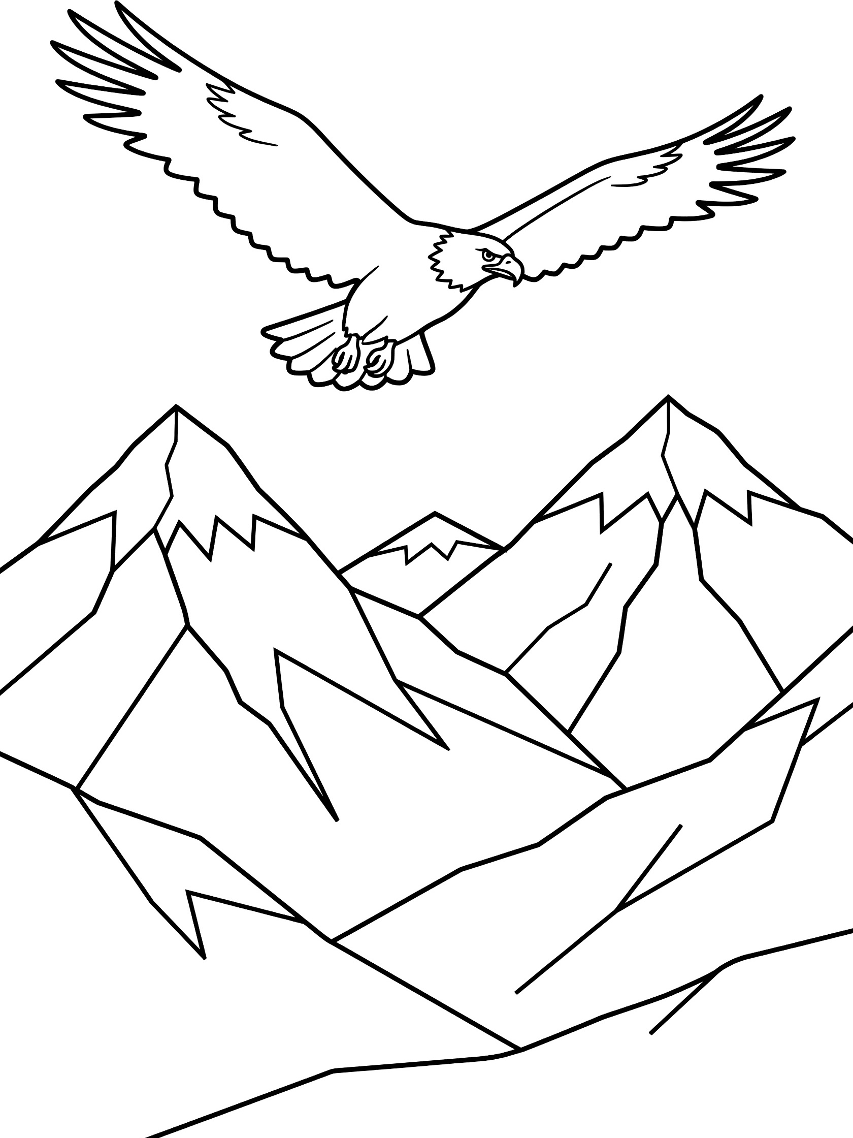 Black and white line art coloring page showing a bald eagle with spread wings flying above jagged mountain peaks topped with snow.