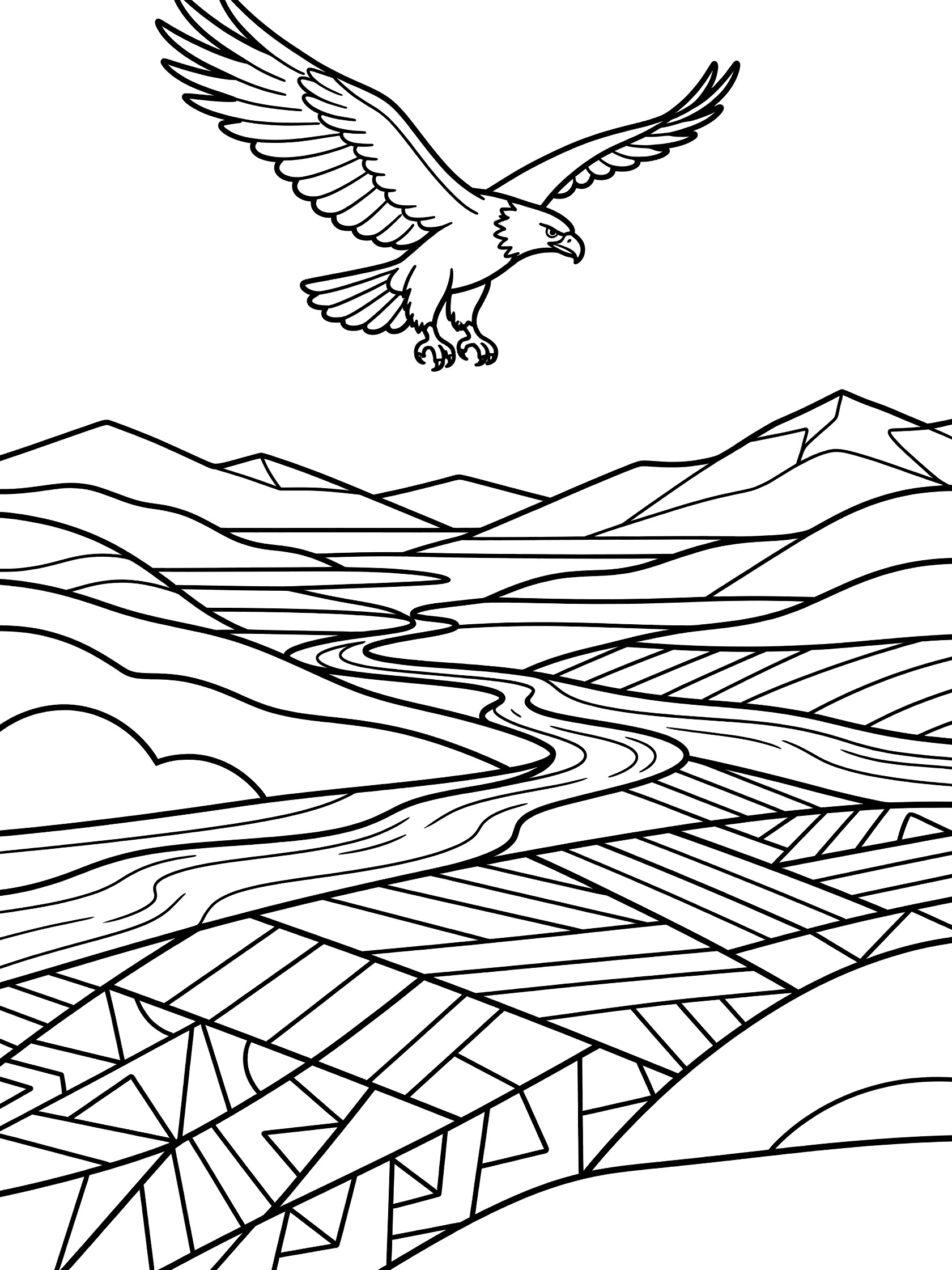 Black and white line drawing of a large eagle with spread wings flying above layered mountains, a winding river, and geometric fields in a valley.