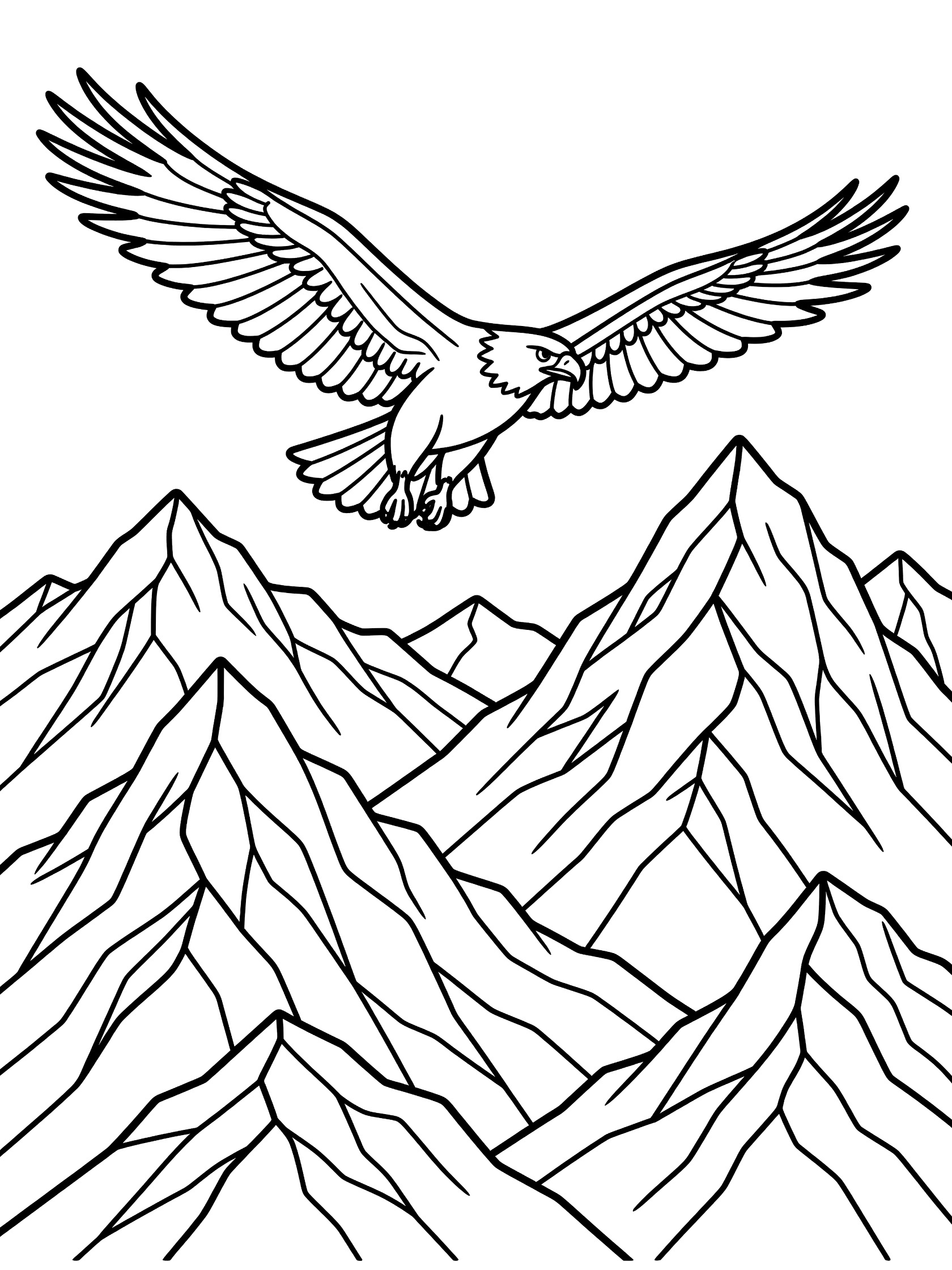 Black and white line art coloring page showing a large eagle with outstretched wings soaring over a range of pointy mountain peaks. Golden Eagle themed black and white printable line art