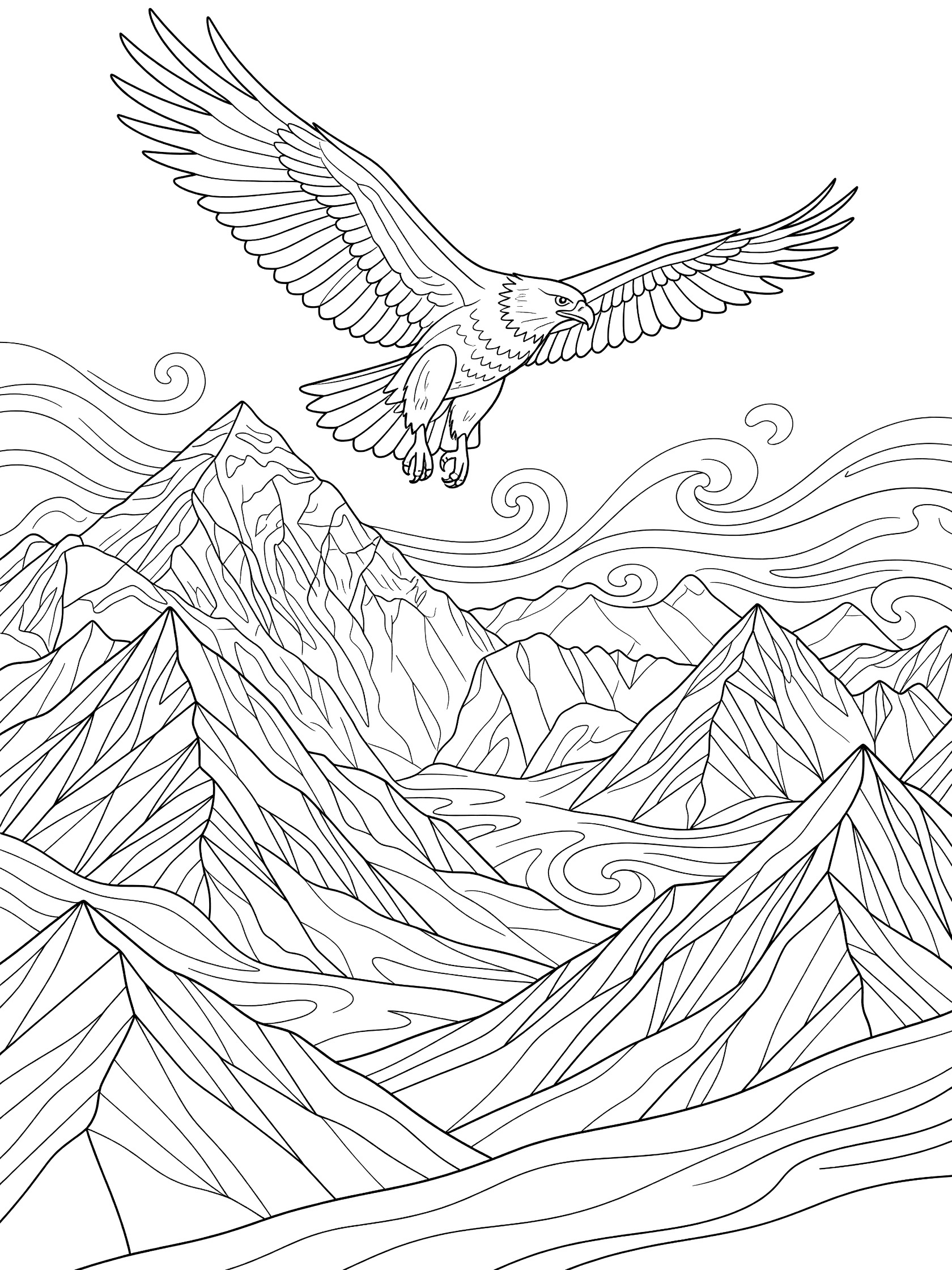Black and white line art coloring page showing a large eagle with wide spread wings soaring above jagged mountain peaks and swirling wind lines on a white background. Mount Everest themed black and white printable line art