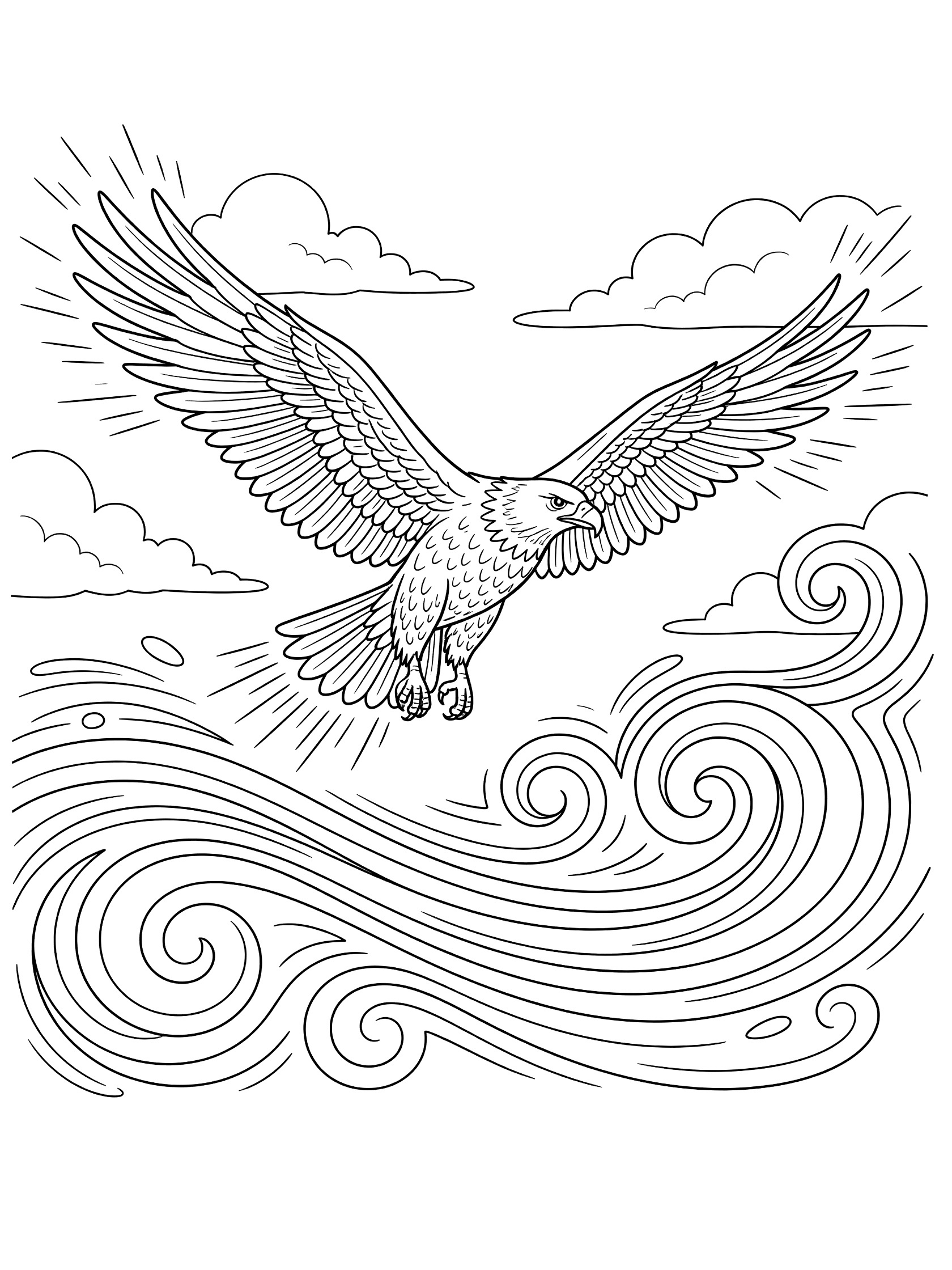 Black and white line art coloring page showing a detailed eagle soaring with wide wings above wavy ocean lines and fluffy clouds. Golden Eagle themed black and white printable line art
