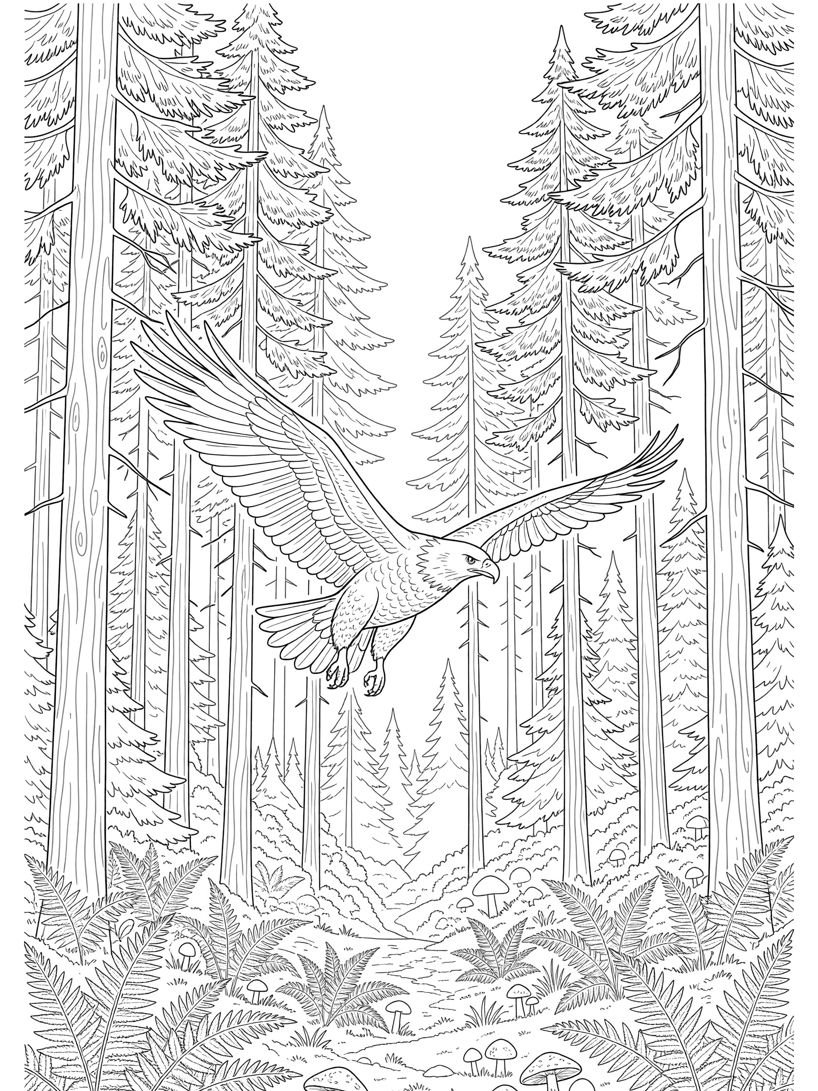 Black and white line art coloring page of a large eagle with spread wings flying through tall pine trees, ferns and mushrooms below in a forest scene