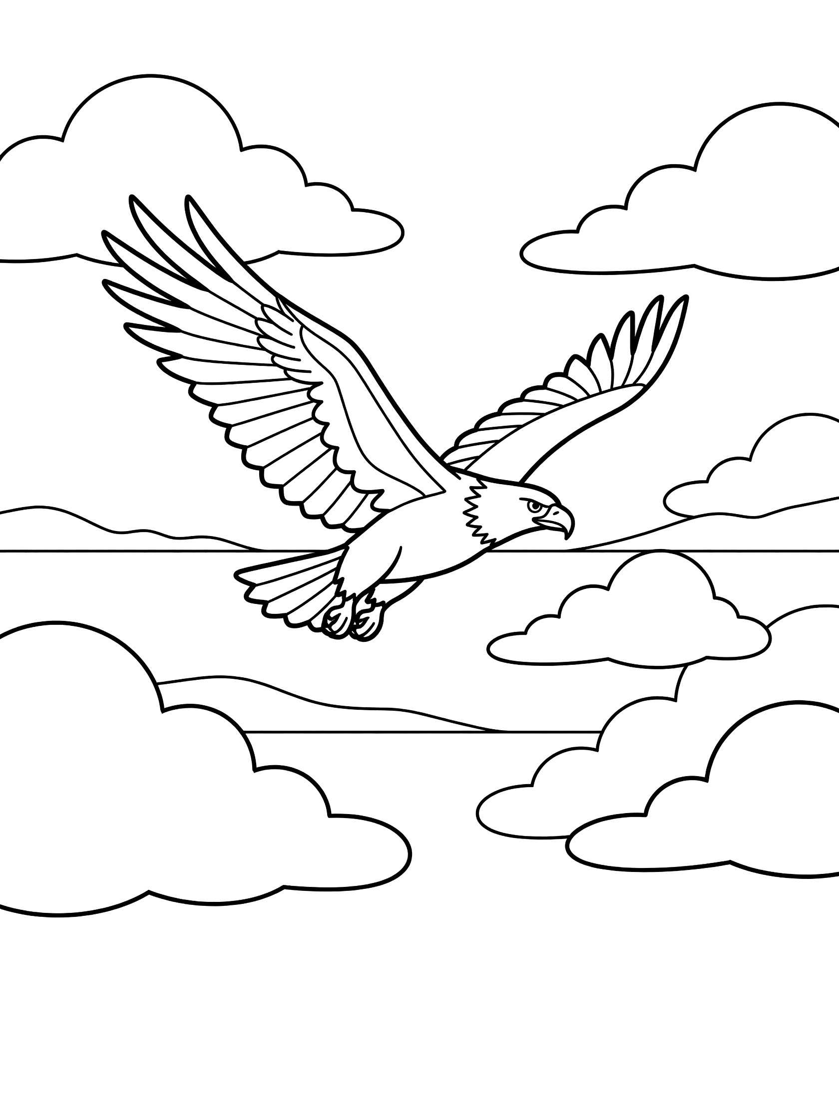 Black and white line art coloring page showing a large eagle gliding with wide wings among big fluffy clouds and a horizon of hills.