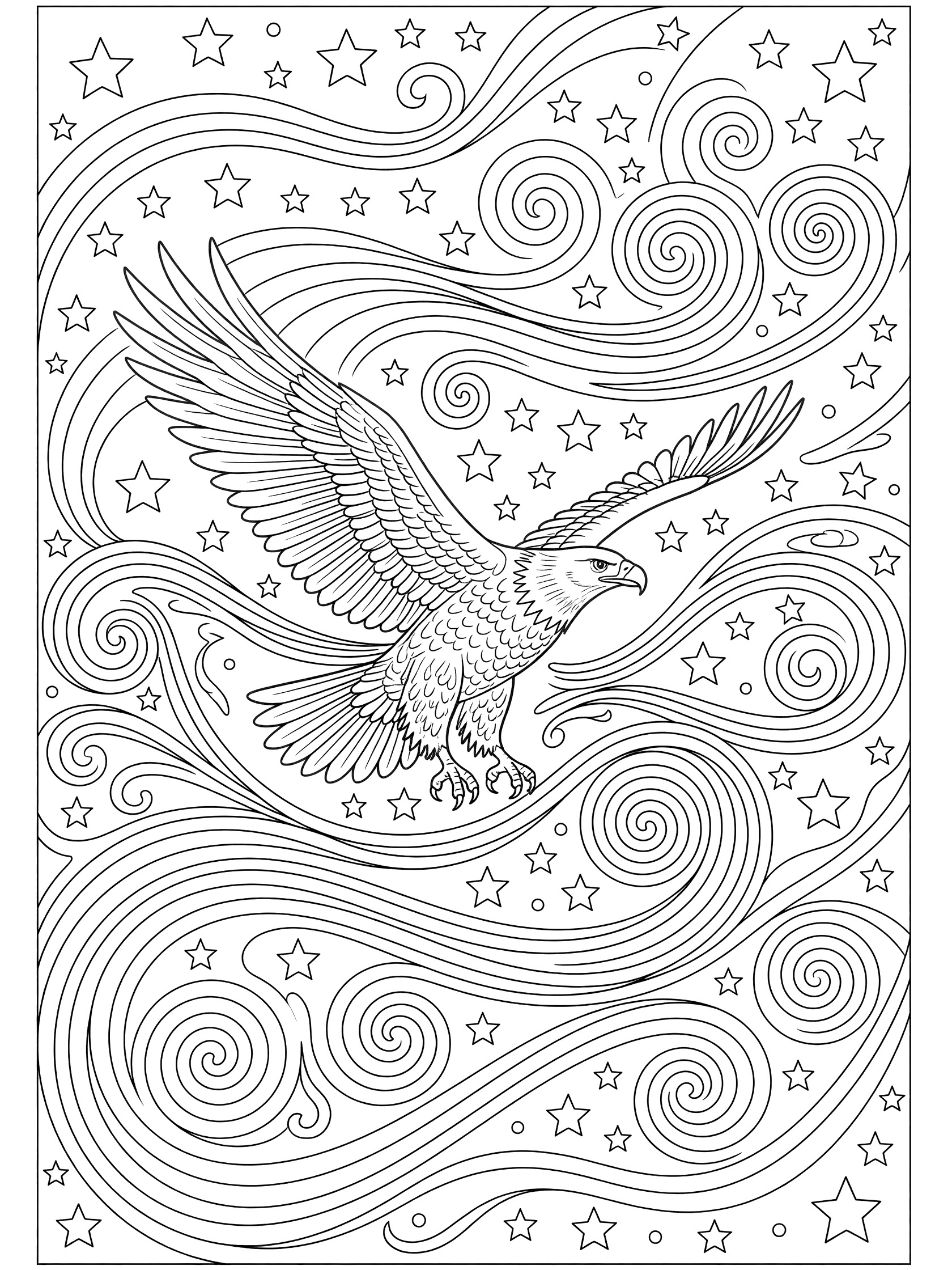 Black and white line art coloring page showing a detailed eagle in flight with spread wings, surrounded by swirling wind patterns and scattered stars.