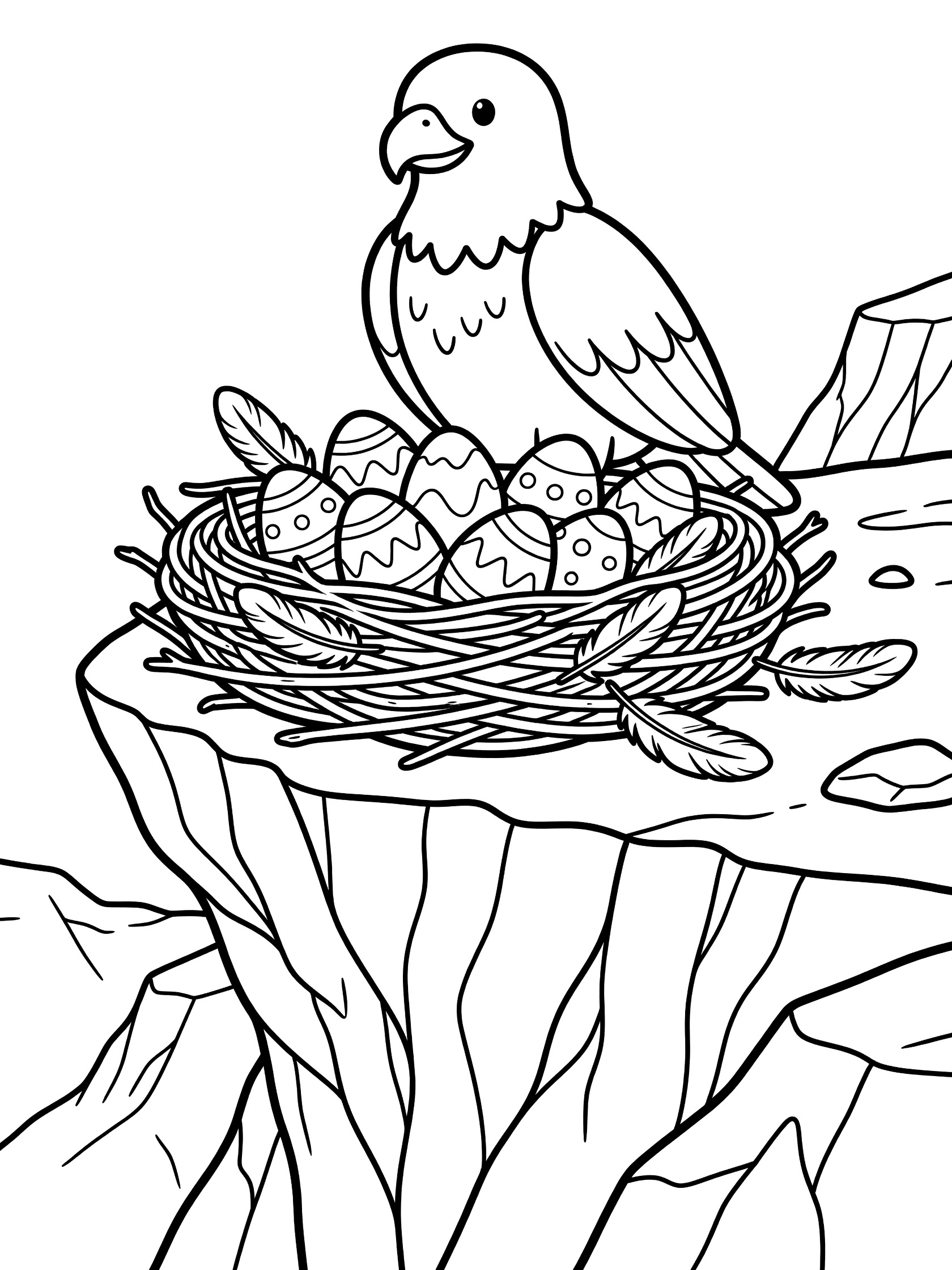 Black and white line drawing of an eagle perched protectively over a nest with patterned eggs on a rocky cliff edge, coloring book style.