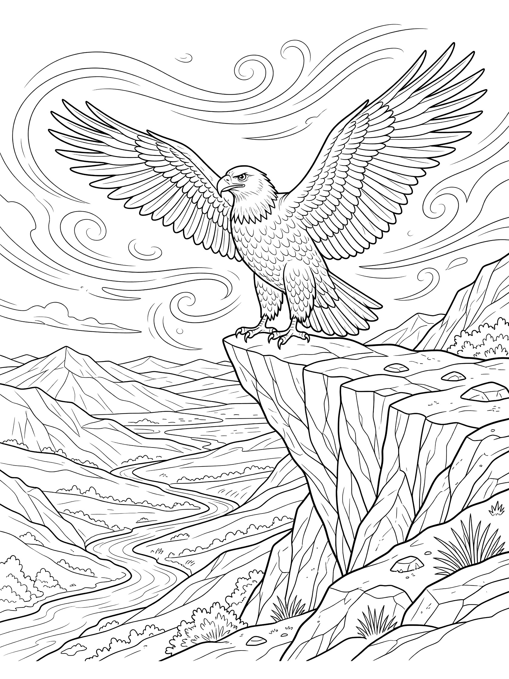 Black and white line art coloring page of an eagle perched on a cliff edge with spread wings, windy swirls, rocky terrain, distant mountains, valley, and winding river.