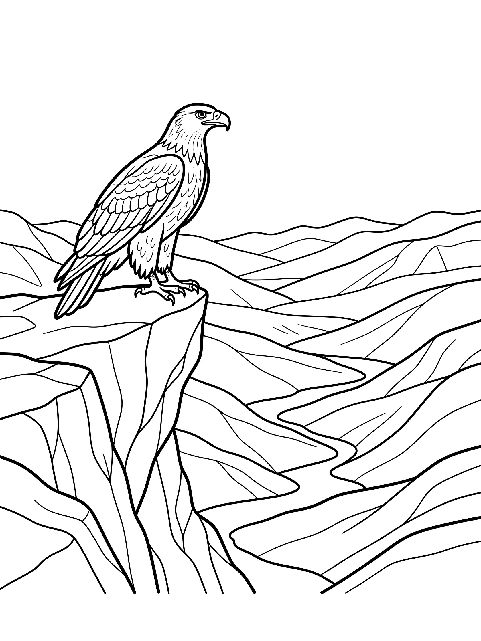 Black and white coloring page of an eagle standing on a cliff edge looking over a valley with layered mountains and a winding river below. Golden Eagle themed black and white printable line art