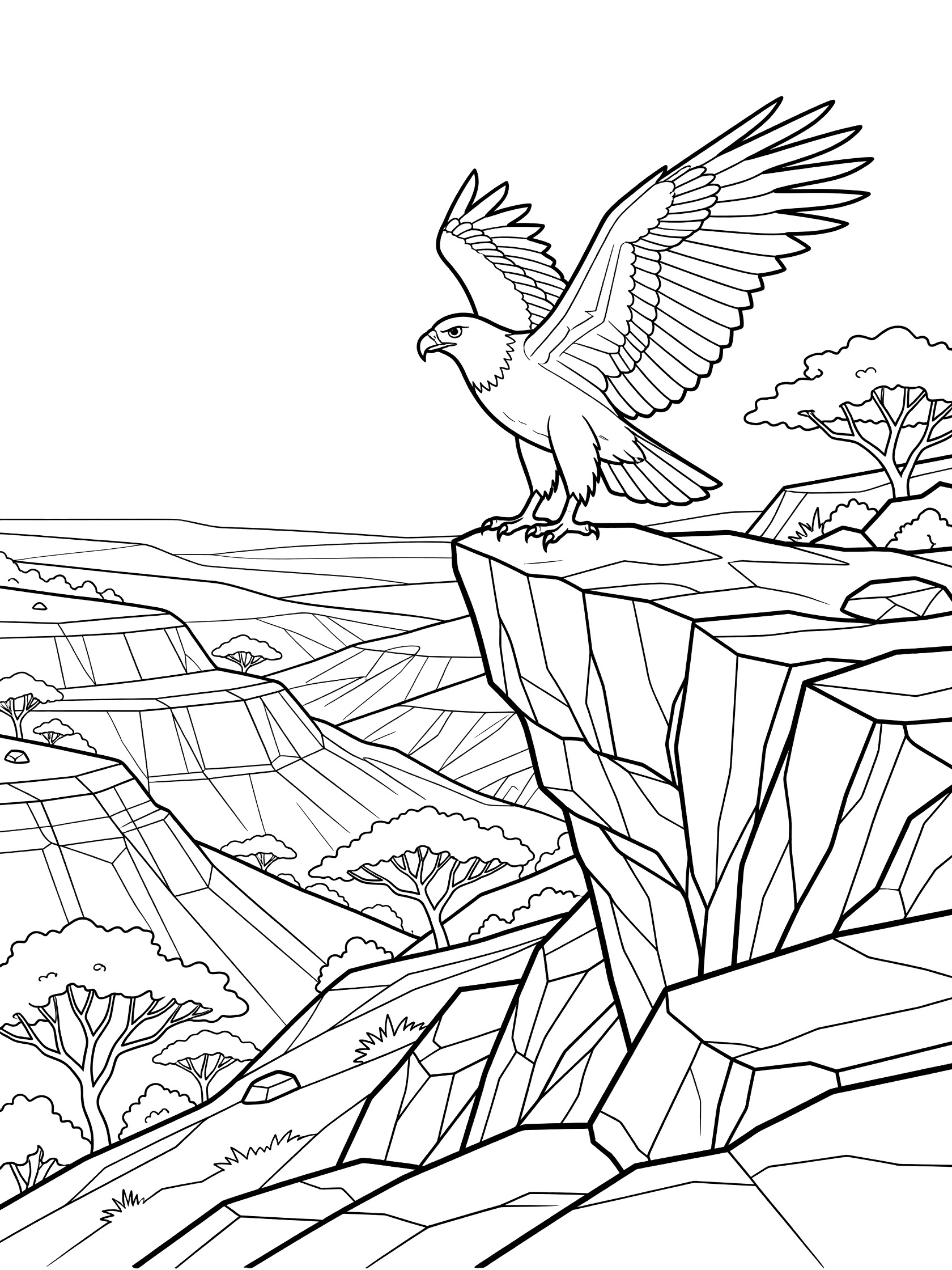 Black and white line art of an eagle perched on a cliff edge with spread wings, overlooking layered rock valley and sparse trees. Harpy Eagle themed black and white printable line art