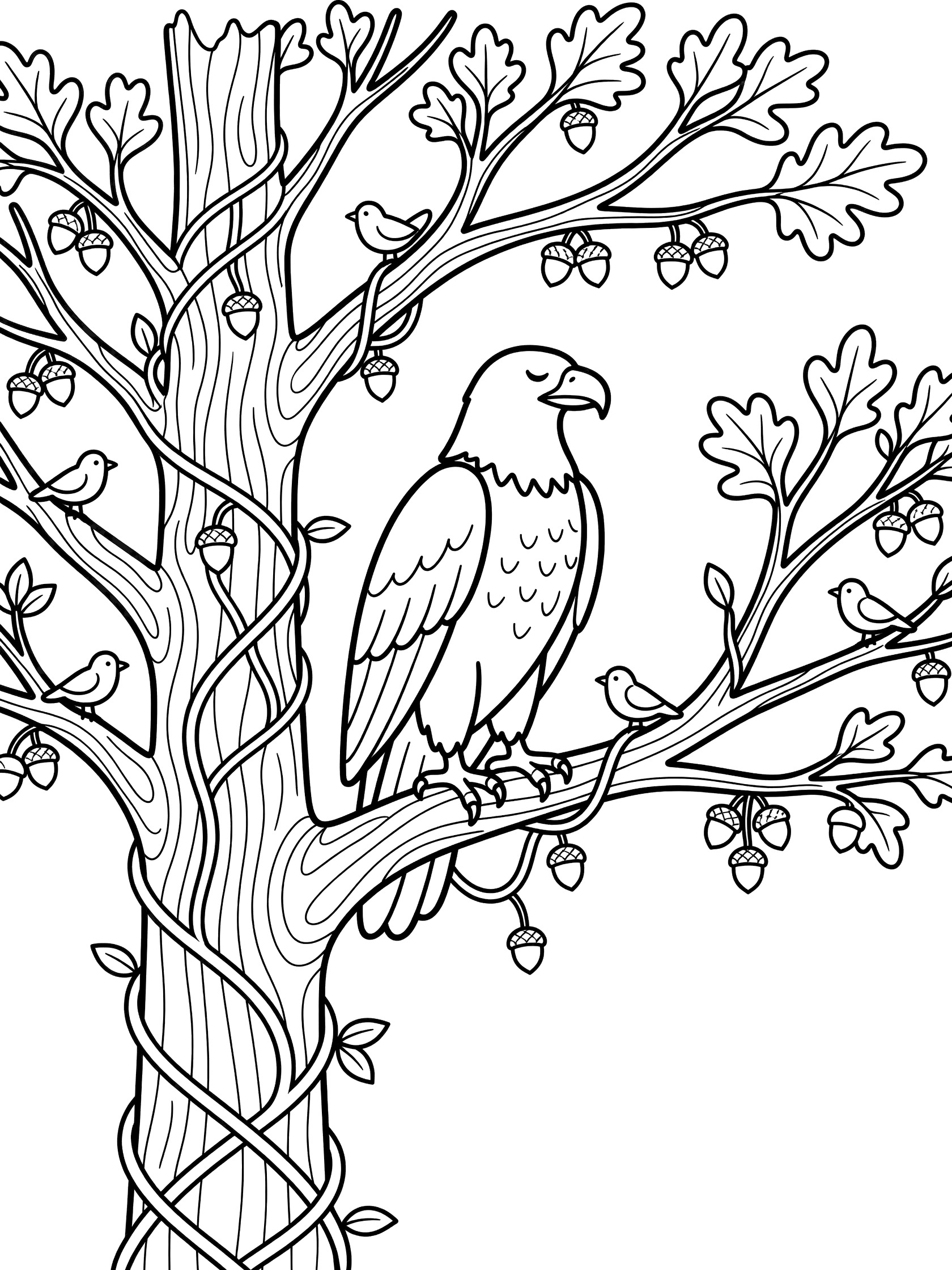 Black and white coloring page of a bald eagle sitting on an oak tree branch with leaves, acorns, vines around the trunk, and small birds on nearby branches.