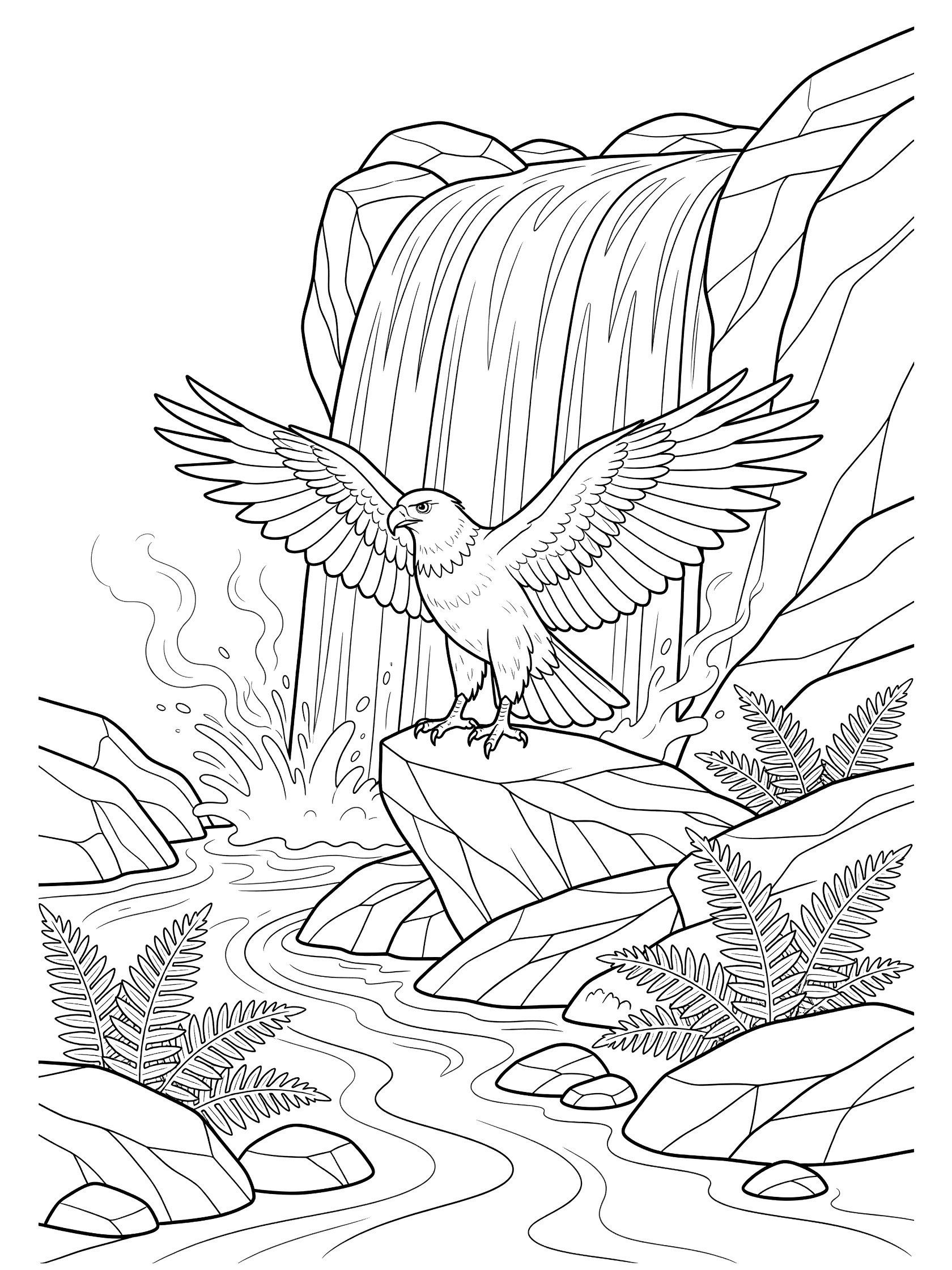 Black and white line art coloring page showing an eagle with wings spread standing on a rock next to a tall waterfall, surrounded by ferns, rocks, and water splashes. Harpy Eagle themed black and white printable line art