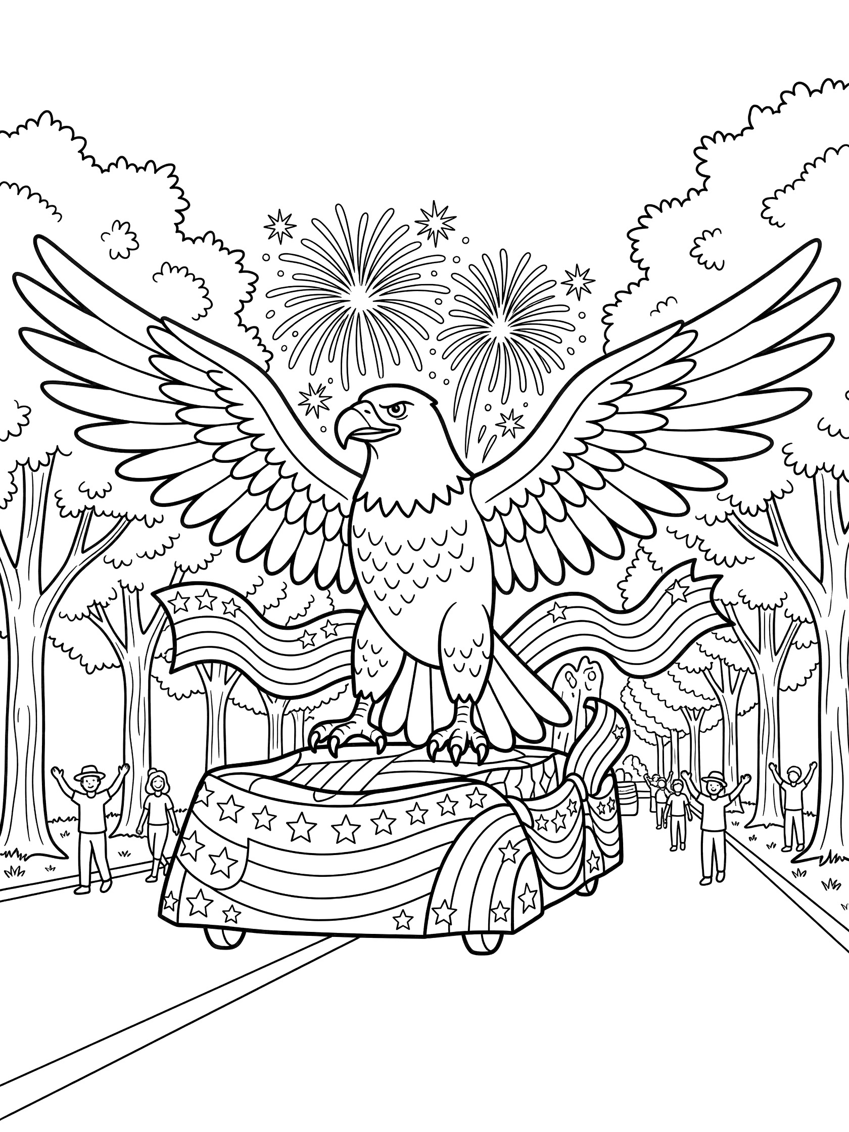 Black-and-white coloring page of a large eagle-shaped parade float with wings spread wide, fireworks from its beak, patriotic ribbons and flags, leading a 4th of July parade down a street with trees and people.
