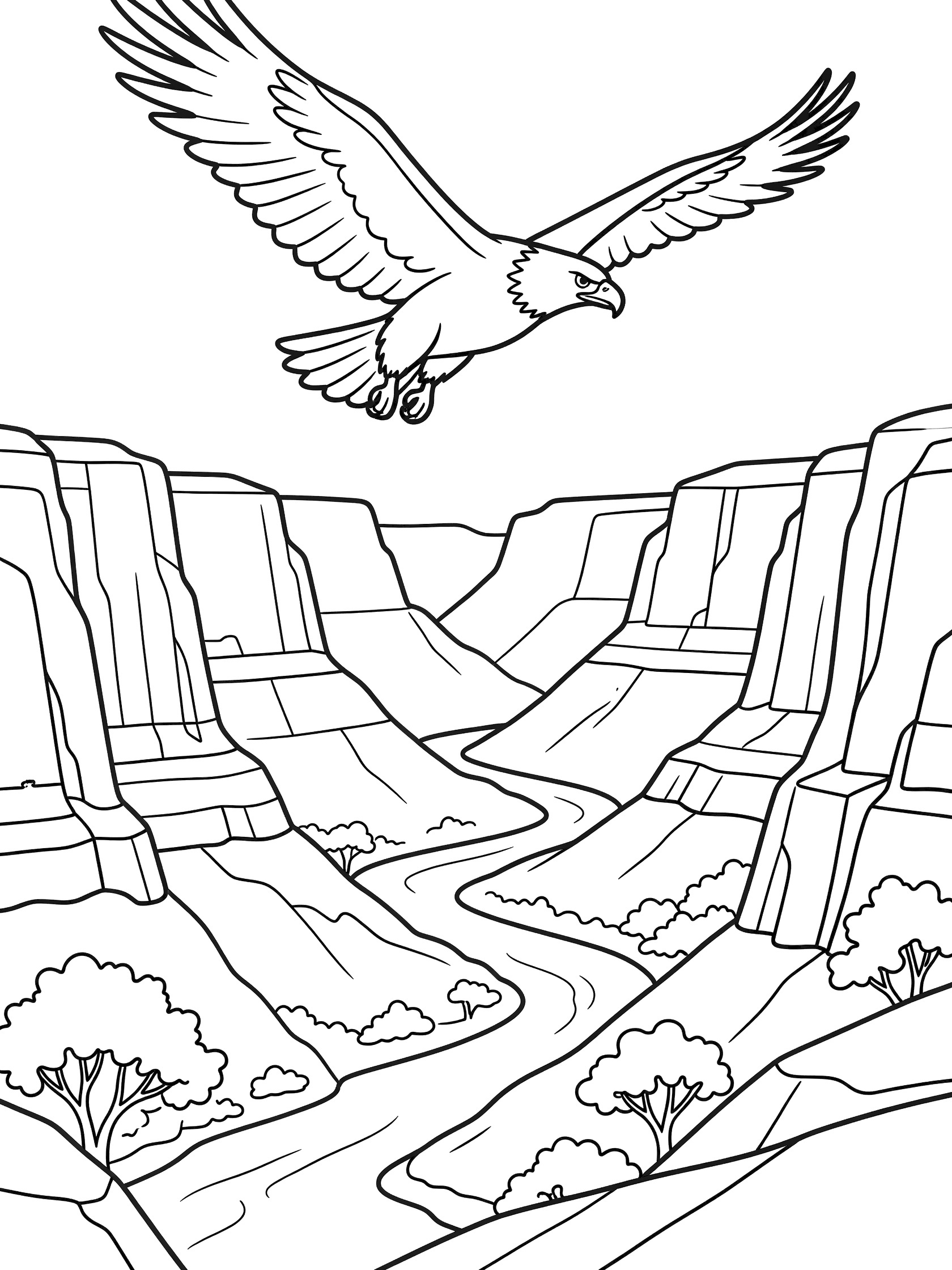 Black and white line art coloring page showing a large eagle with spread wings flying high above a canyon featuring layered rock walls, a curving river, and small trees. Black Canyon themed black and white printable line art