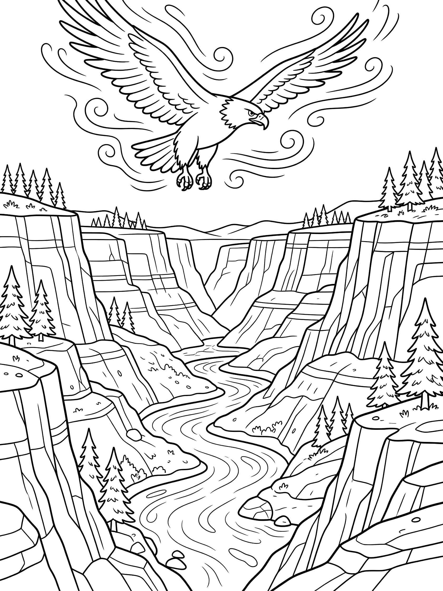 Black-and-white line art coloring page of an eagle in flight over Hells Canyon, showing layered canyon cliffs, Snake River, and rim trees.