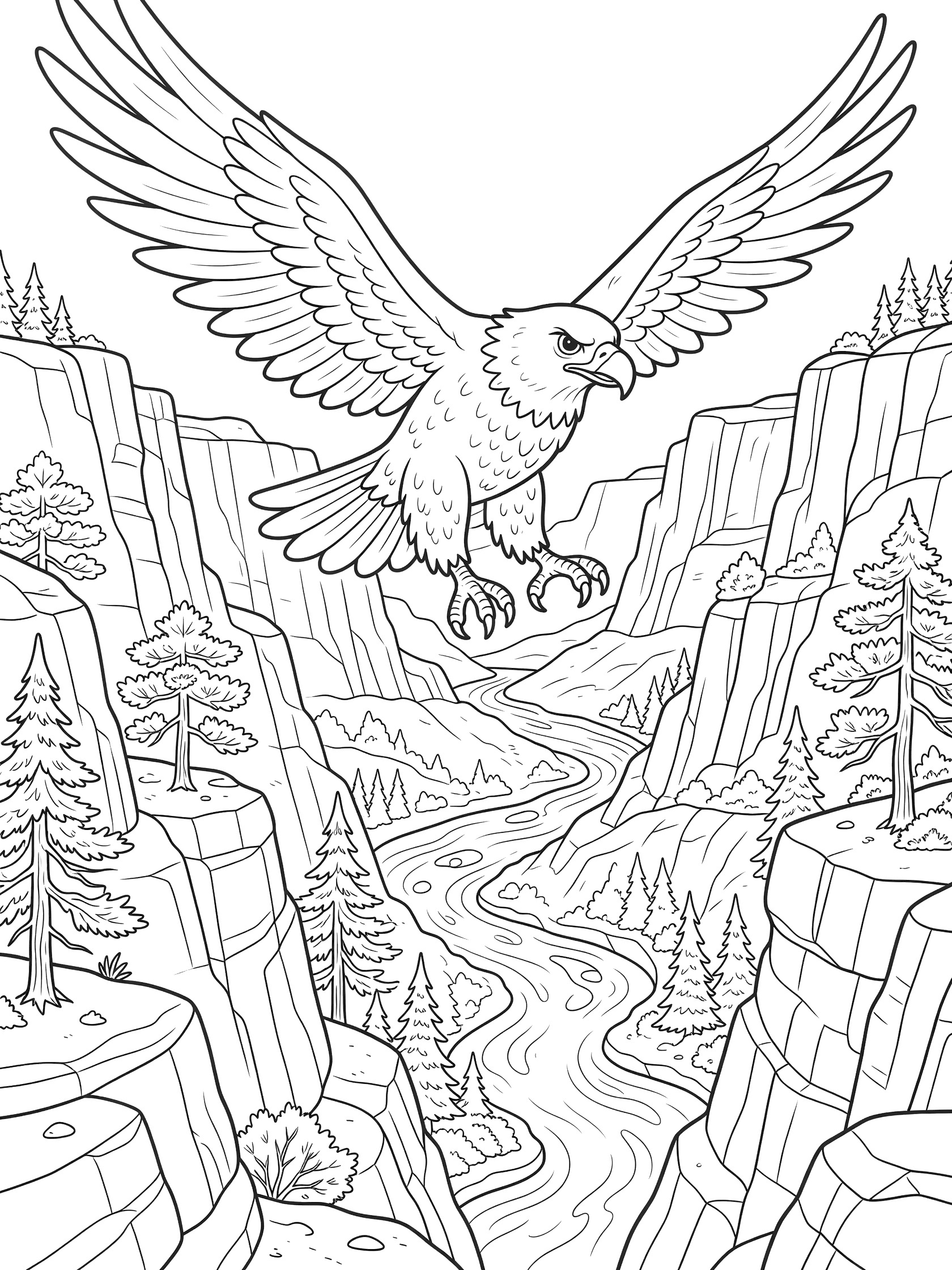 Black and white line art coloring page showing an eagle with wide wings soaring above Kings Canyon granite cliffs, scraggly pines, and a snaking river.