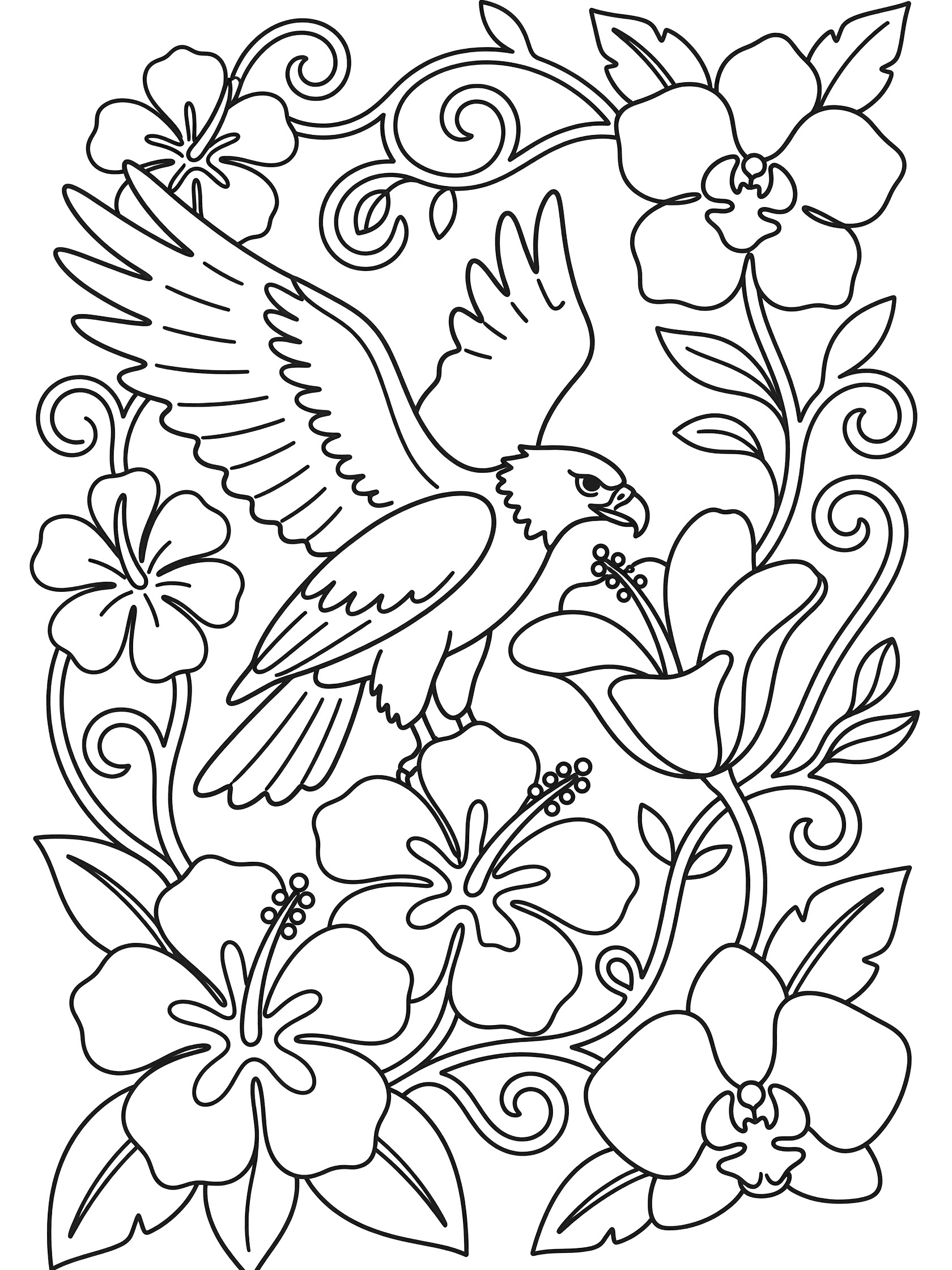Black and white coloring page showing a detailed eagle with wide wings gently touching a hibiscus flower petal amid large hibiscus flowers, leaves, and swirling vines. Harpy Eagle themed black and white printable line art