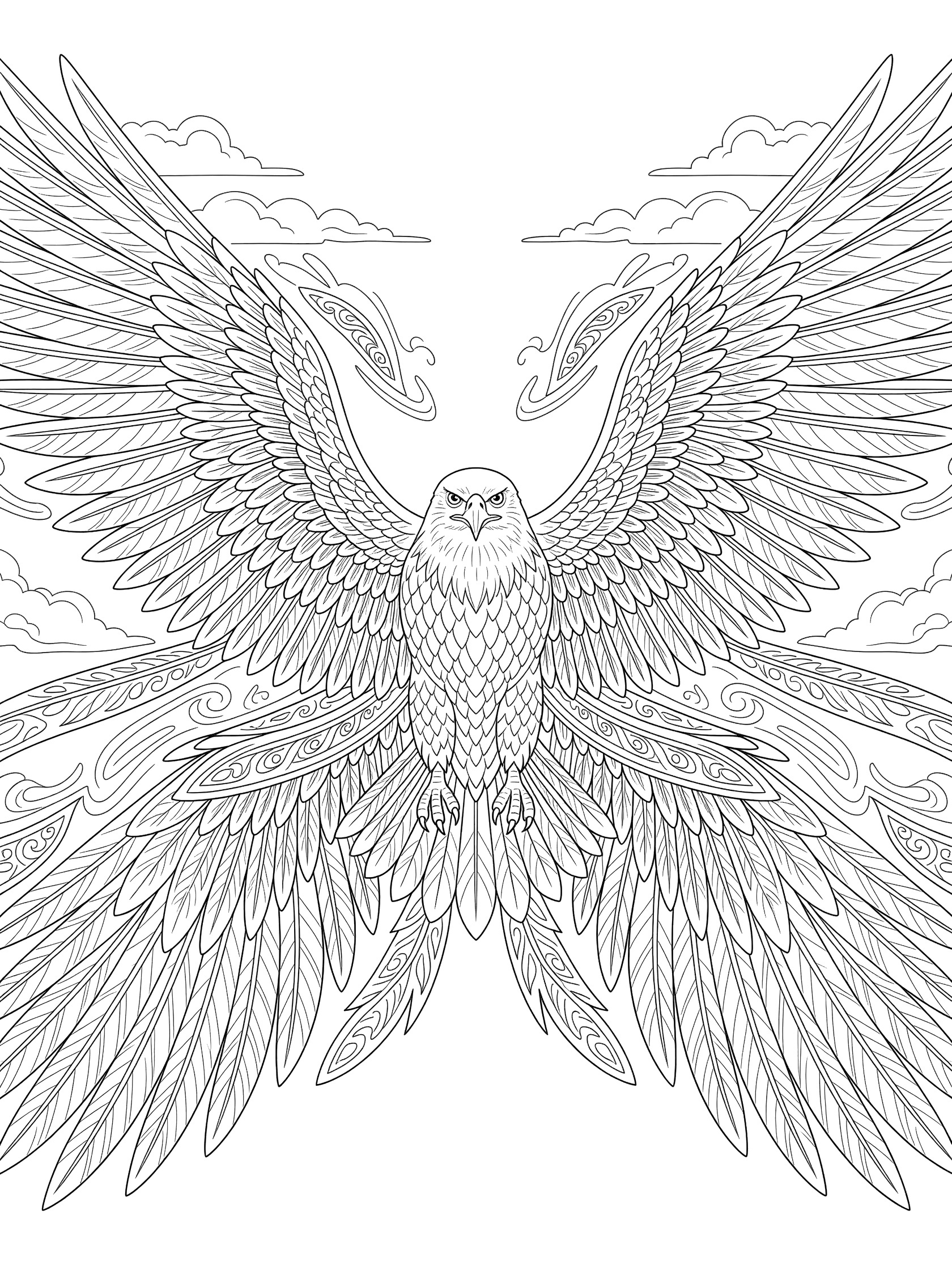 Black and white coloring page of a majestic eagle with enormous spread wings, intricate feather details, sharp eyes, and swirling cloud motifs.
